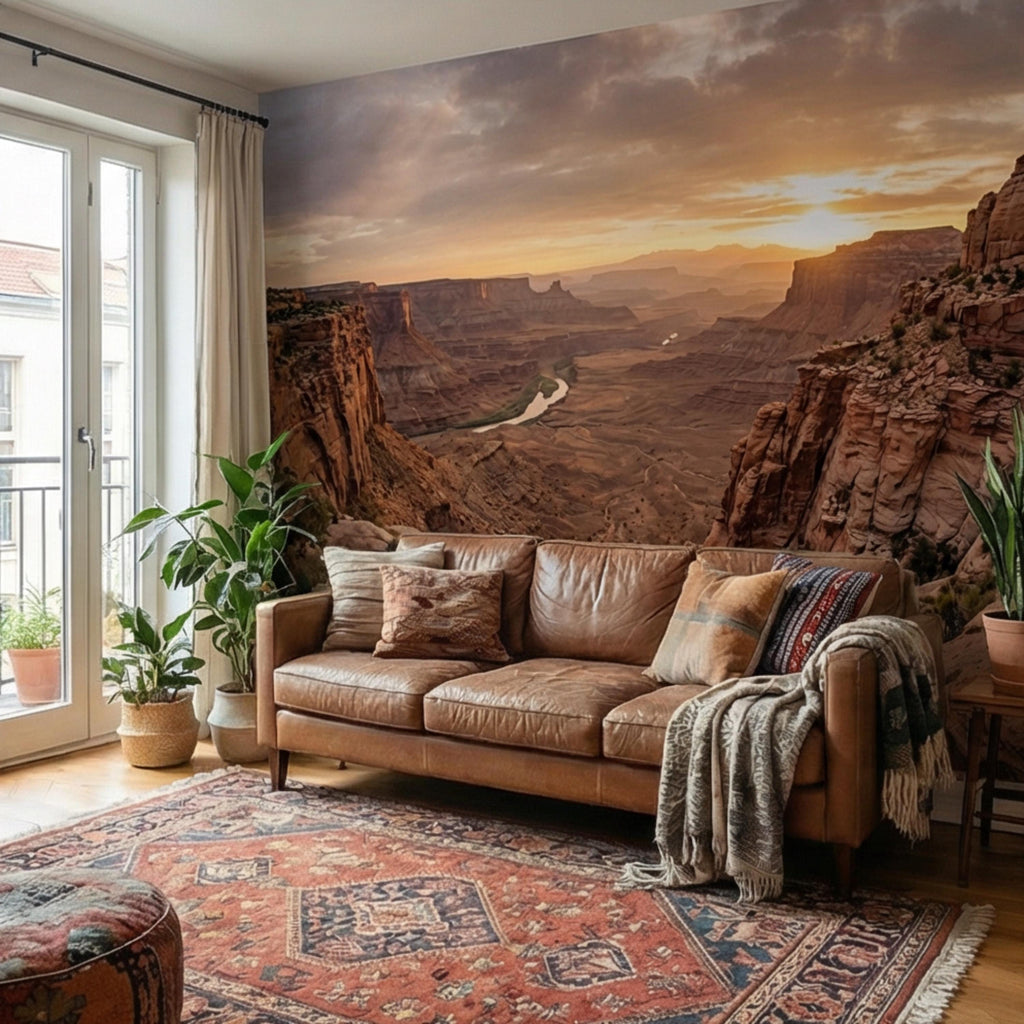 Southwest Canyon Sunrise Panoramic Peel and Stick Wall Mural, Desert River Valley Landscape Wallpaper