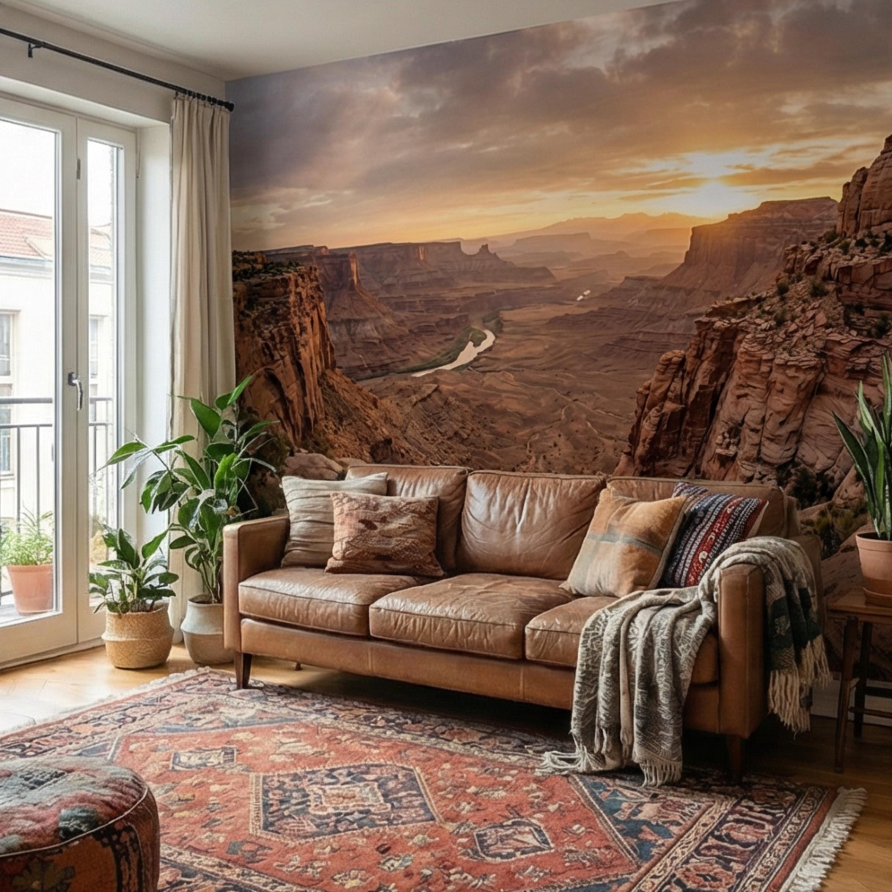 Southwest Canyon Sunrise Panoramic Peel and Stick Wall Mural, Desert River Valley Landscape Wallpaper