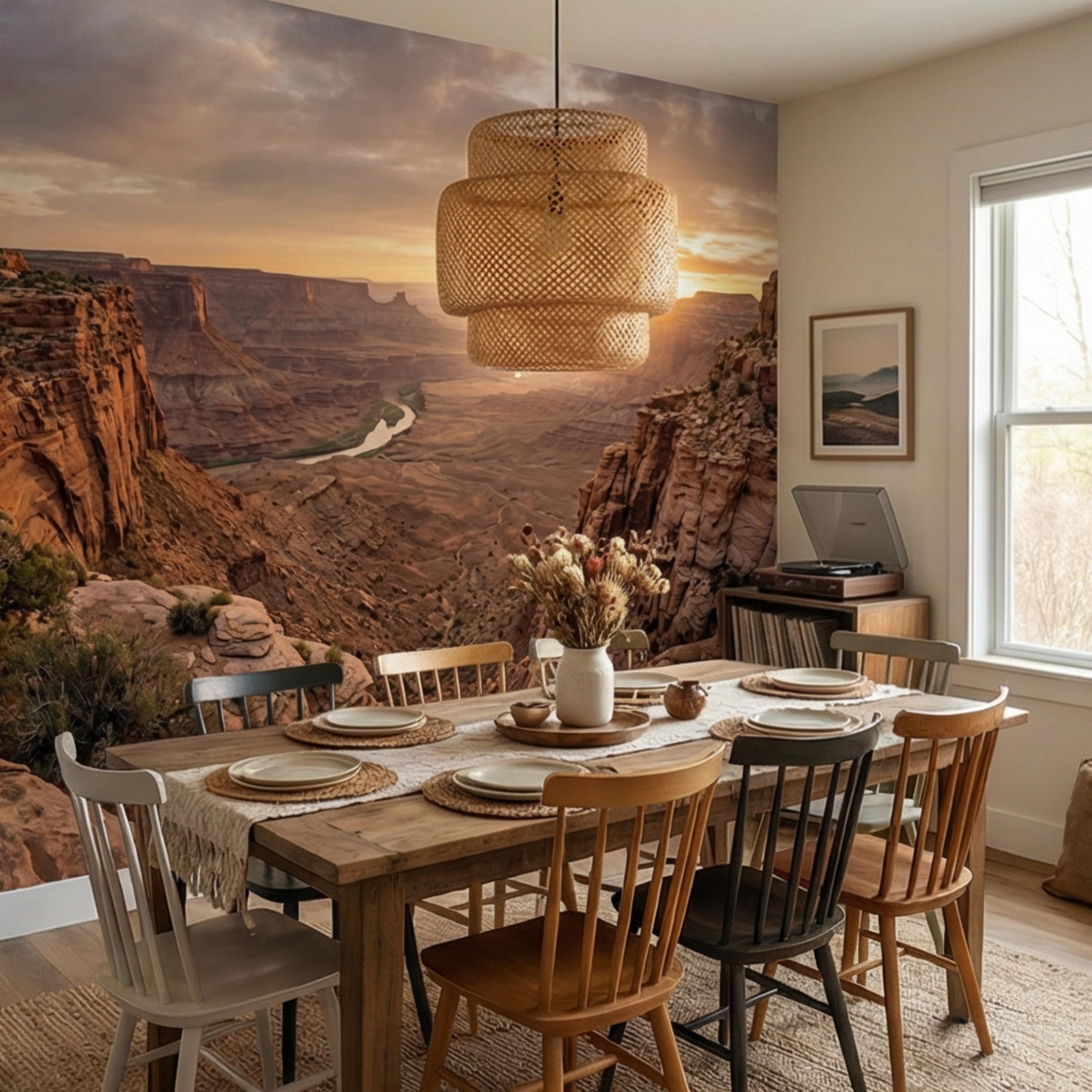 Southwest Canyon Sunrise Panoramic Peel and Stick Wall Mural, Desert River Valley Landscape Wallpaper