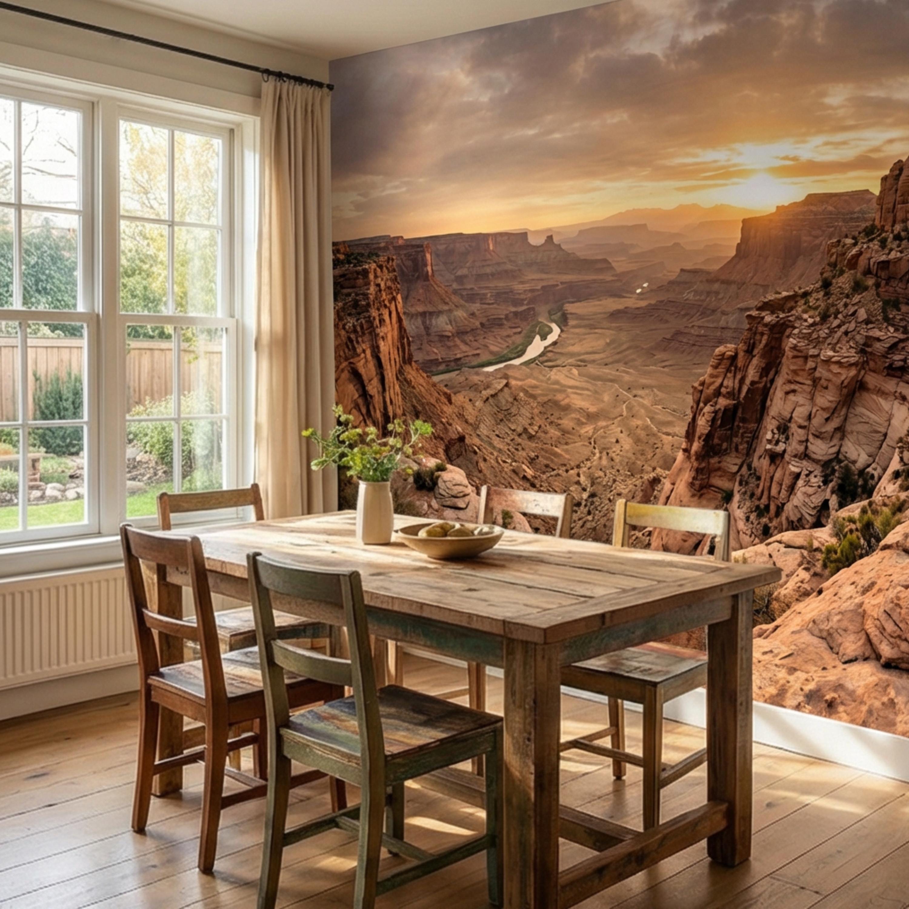 Southwest Canyon Sunrise Panoramic Peel and Stick Wall Mural, Desert River Valley Landscape Wallpaper