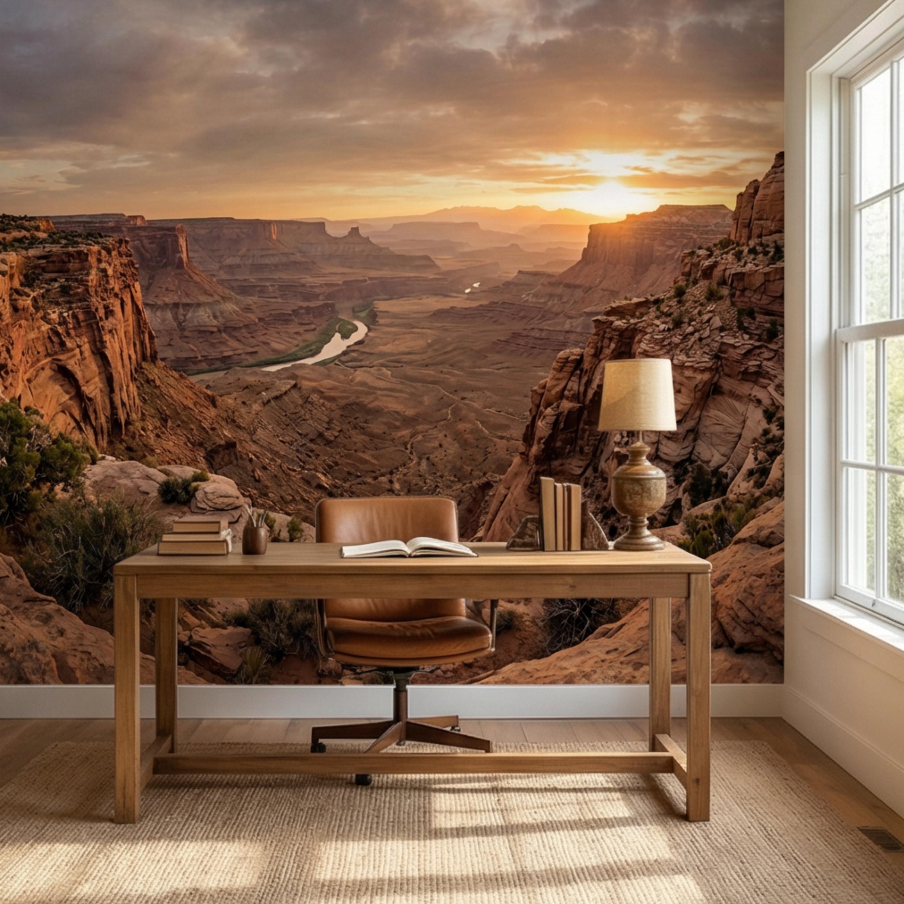 Southwest Canyon Sunrise Panoramic Peel and Stick Wall Mural, Desert River Valley Landscape Wallpaper