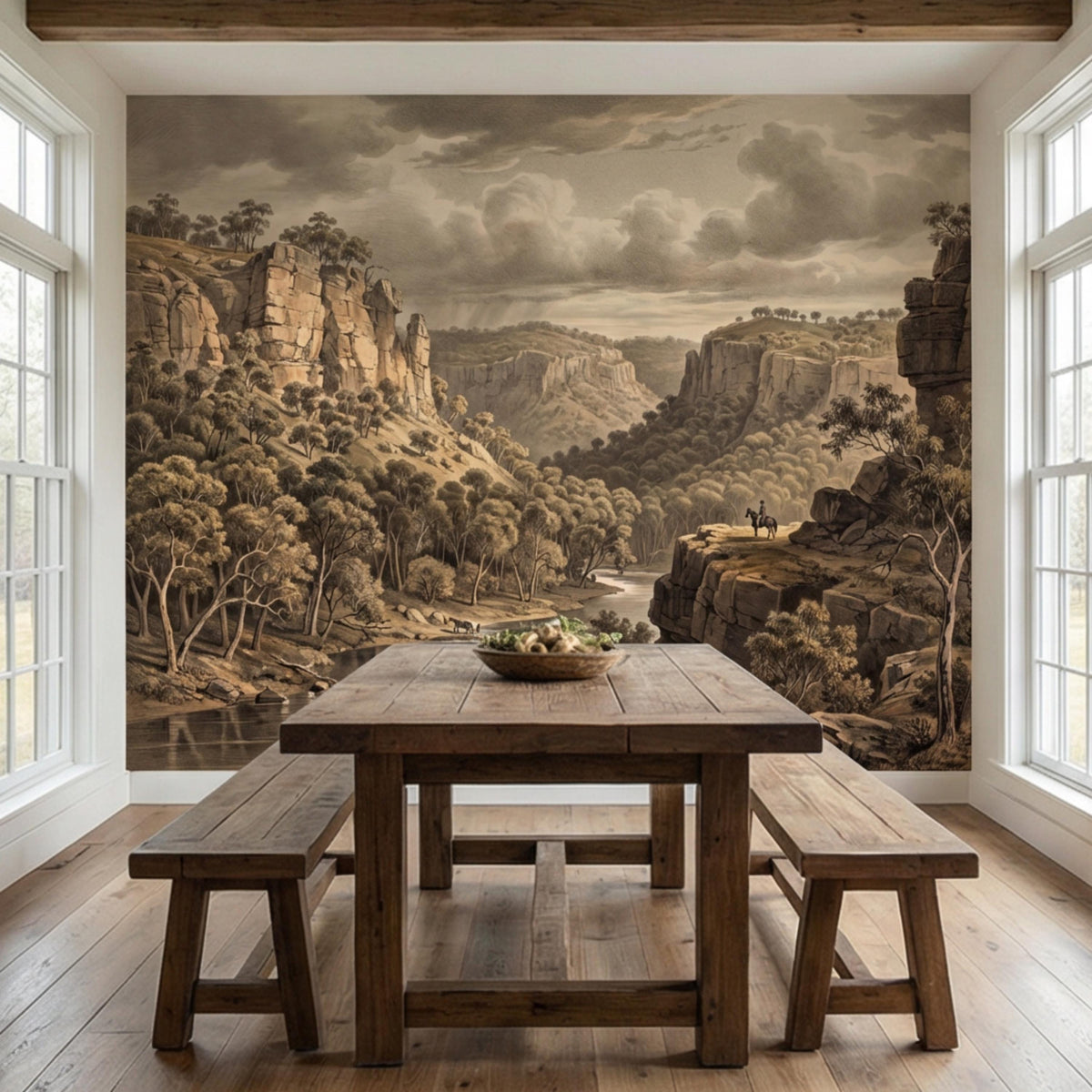 Sepia canyon landscape wall mural for dining room with river, cliffs, and forest