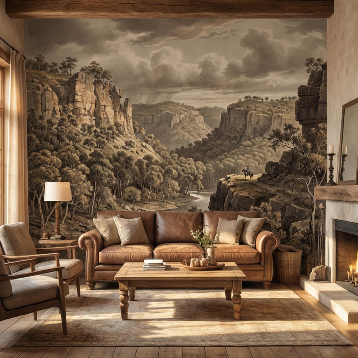 Sepia canyon landscape wall mural with cliffs, river valley, and trees
