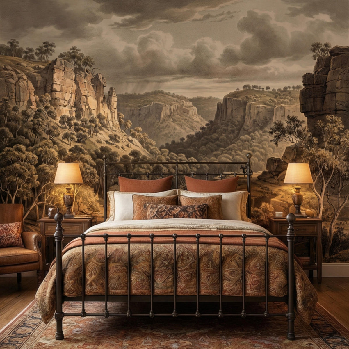 Sepia canyon landscape wall mural above a bed with trees, cliffs, and valley view