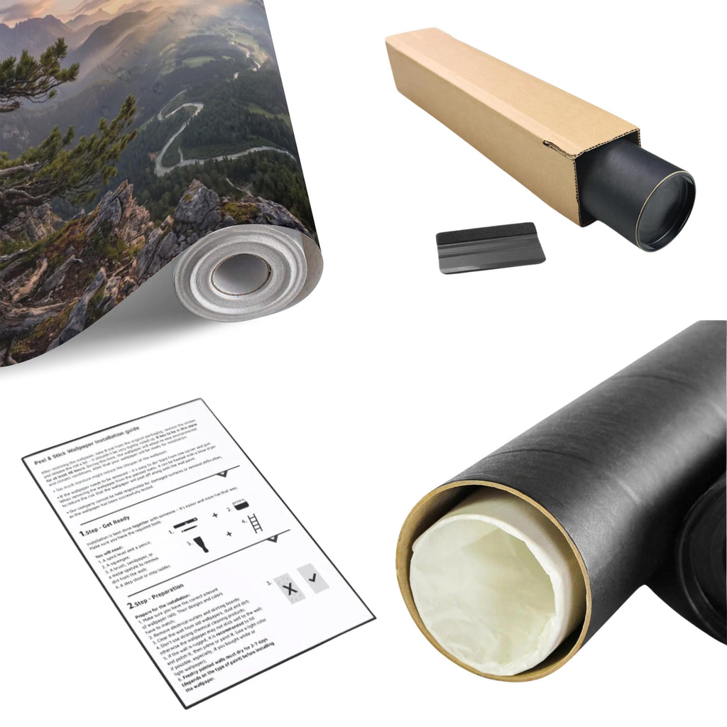 Mountain Sunrise Over Forest River Valley Panoramic Peel and Stick Wall Mural, Scenic Mountain Landscape Wallpaper