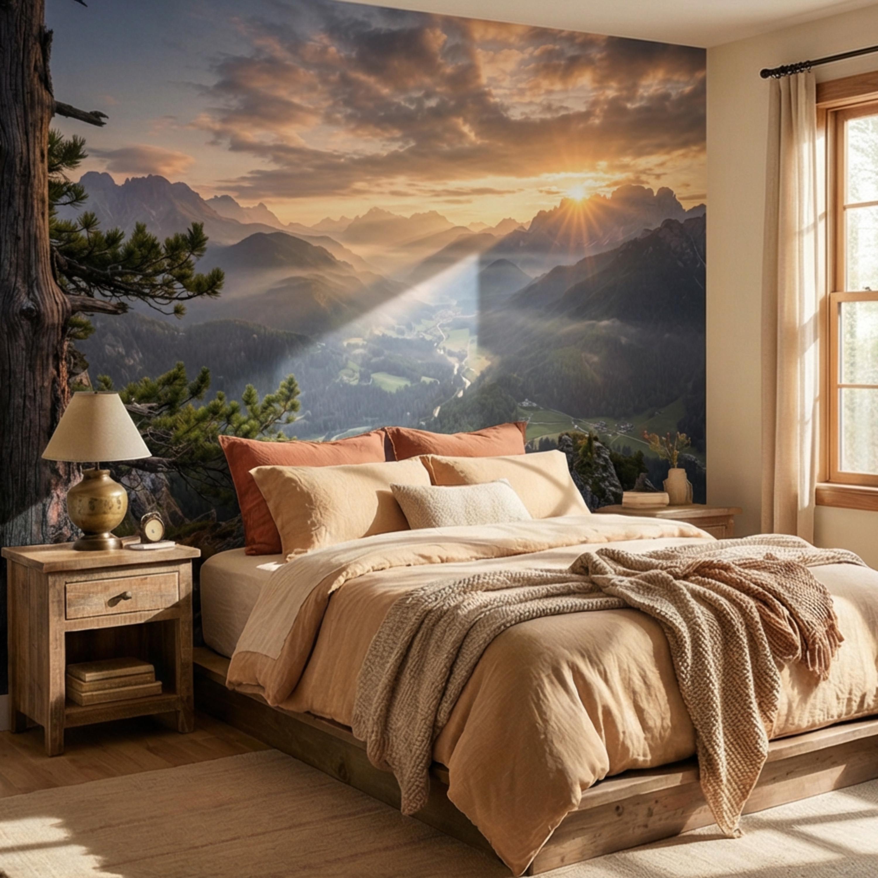 Mountain Sunrise Over Forest River Valley Panoramic Peel and Stick Wall Mural, Scenic Mountain Landscape Wallpaper