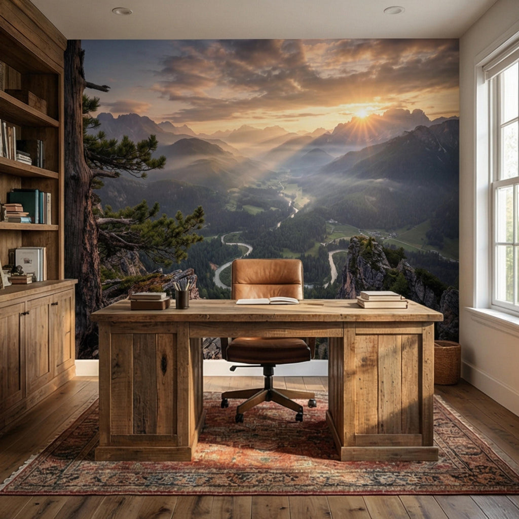 Mountain Sunrise Over Forest River Valley Panoramic Peel and Stick Wall Mural, Scenic Mountain Landscape Wallpaper
