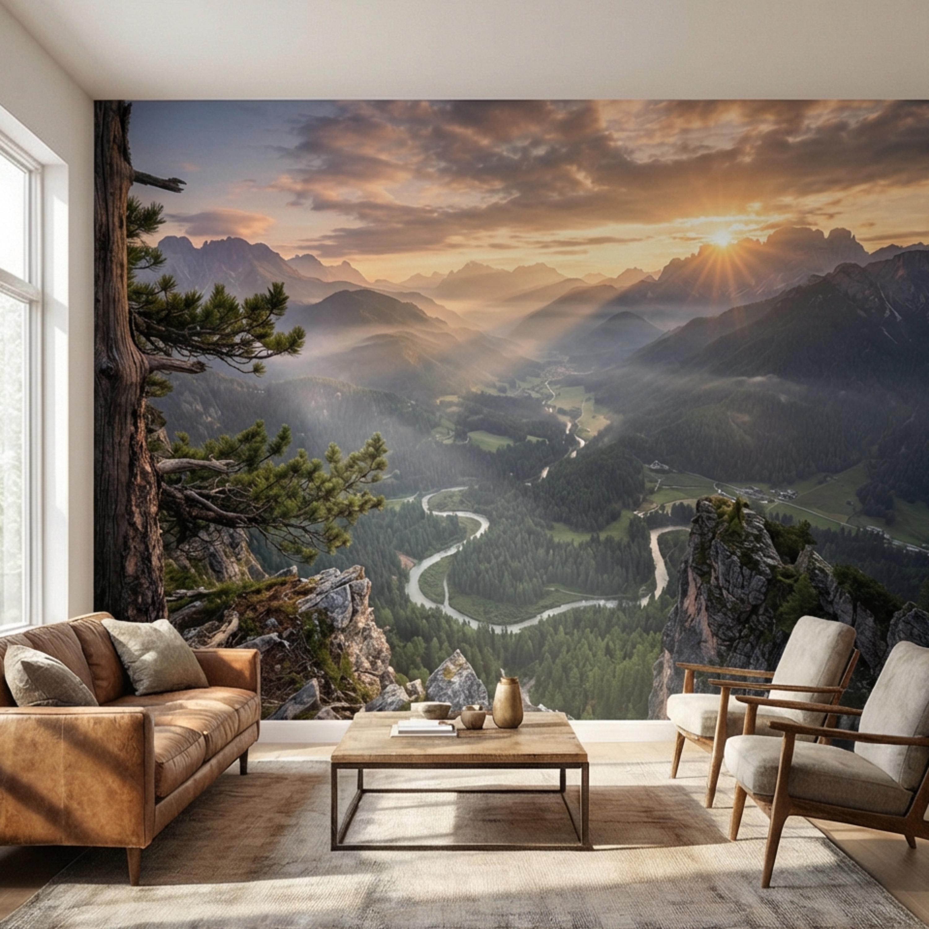 Mountain Sunrise Over Forest River Valley Panoramic Peel and Stick Wall Mural, Scenic Mountain Landscape Wallpaper