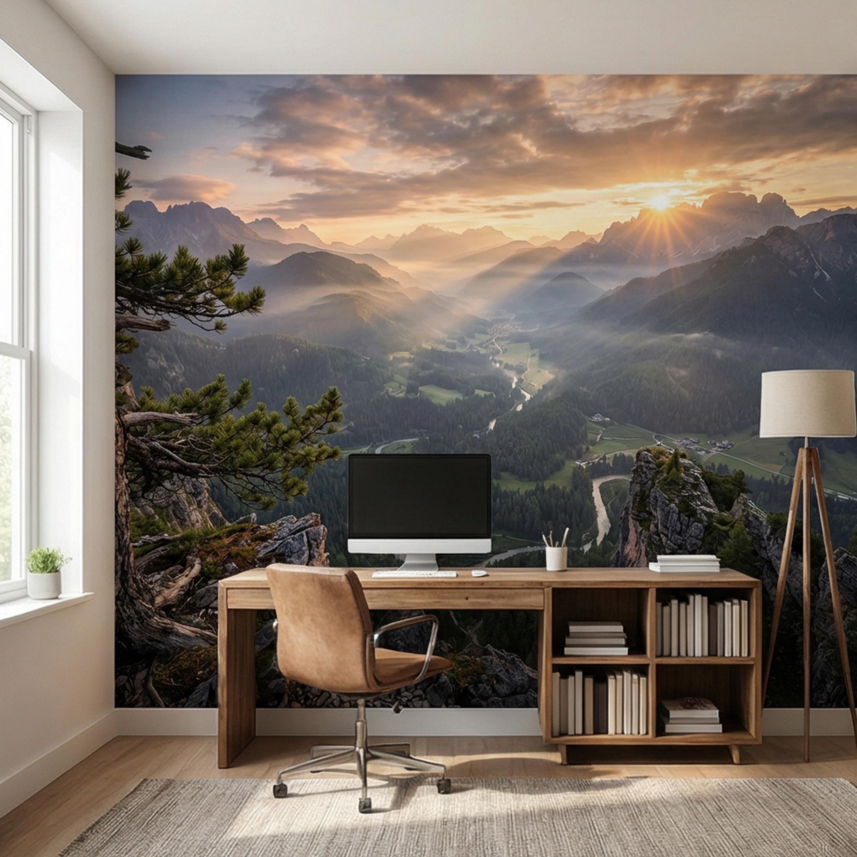 Mountain Sunrise Over Forest River Valley Panoramic Peel and Stick Wall Mural, Scenic Mountain Landscape Wallpaper