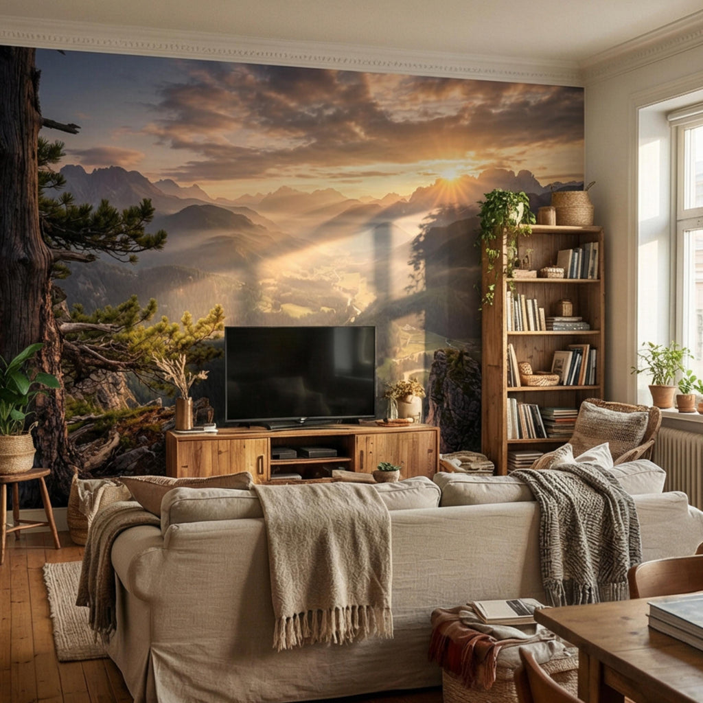Mountain Sunrise Over Forest River Valley Panoramic Peel and Stick Wall Mural, Scenic Mountain Landscape Wallpaper