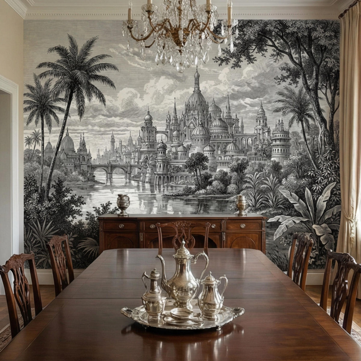 Vintage grayscale city palace mural with river, bridge, palms, and dense greenery
