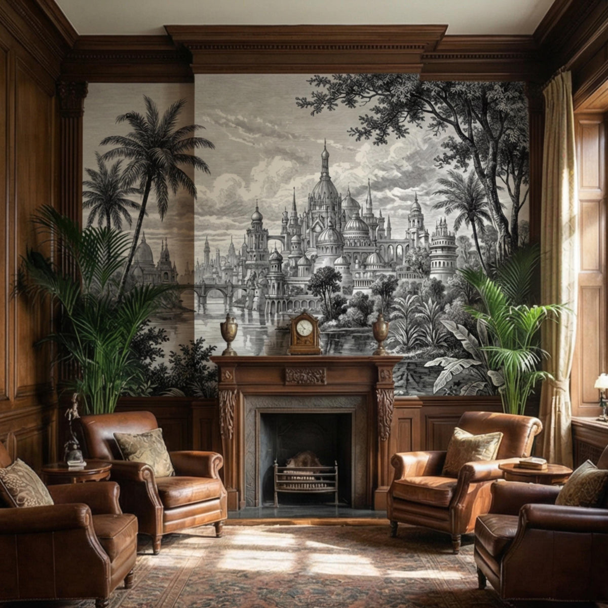 Grayscale panoramic city palace wall mural with river bridge and tropical foliage