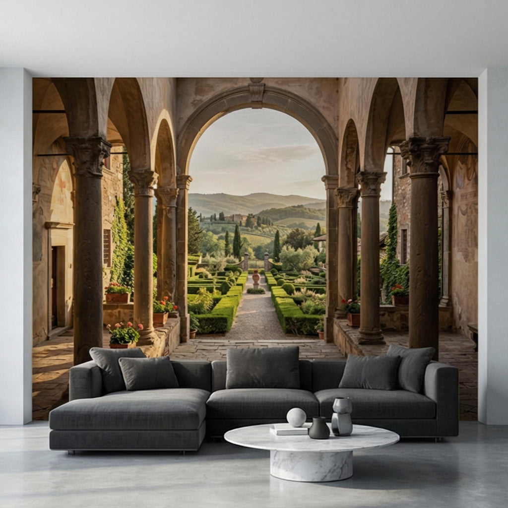 Tuscan Archway Garden View Panoramic Peel and Stick Wall Mural, Italian Villa Landscape Wallpaper