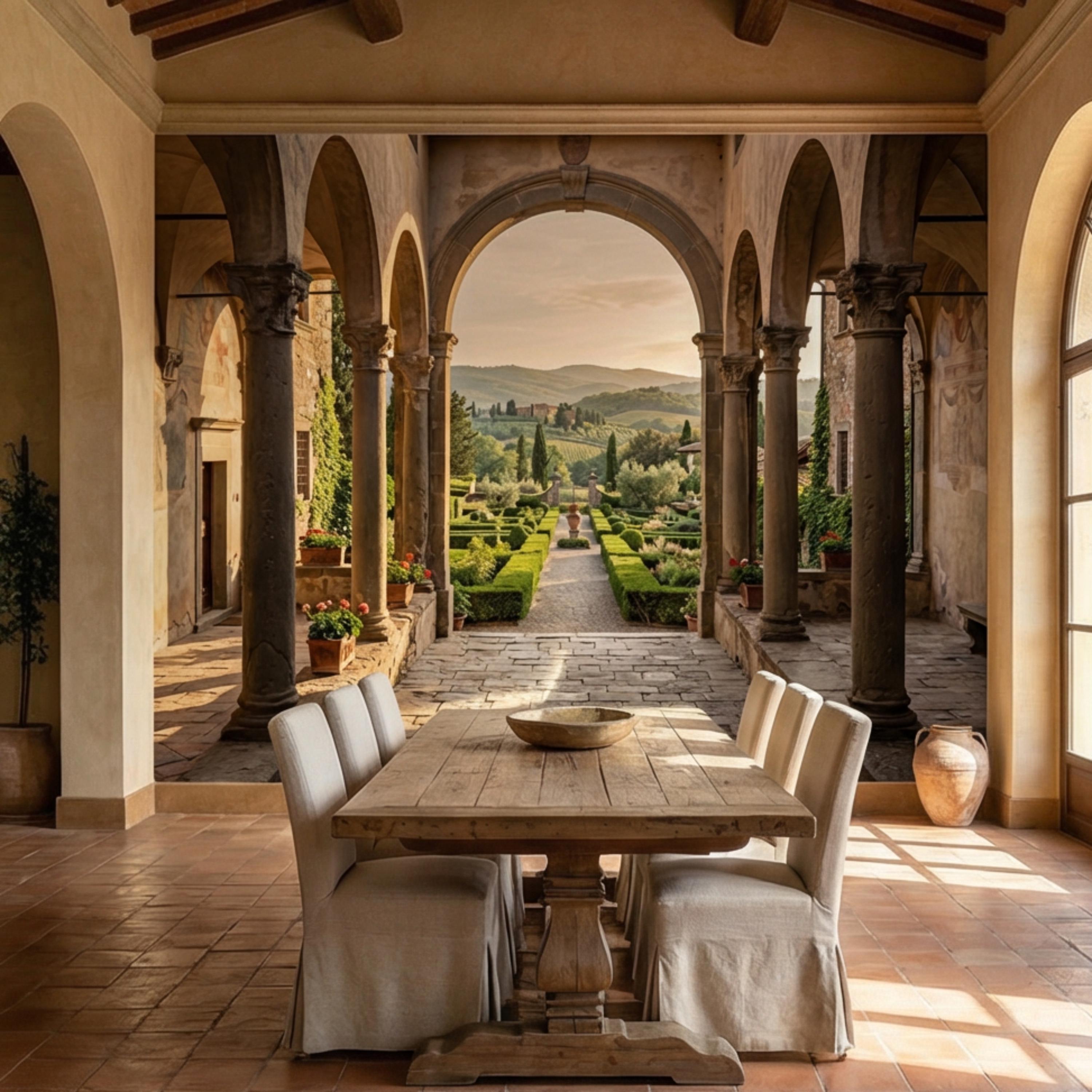 Tuscan Archway Garden View Panoramic Peel and Stick Wall Mural, Italian Villa Landscape Wallpaper