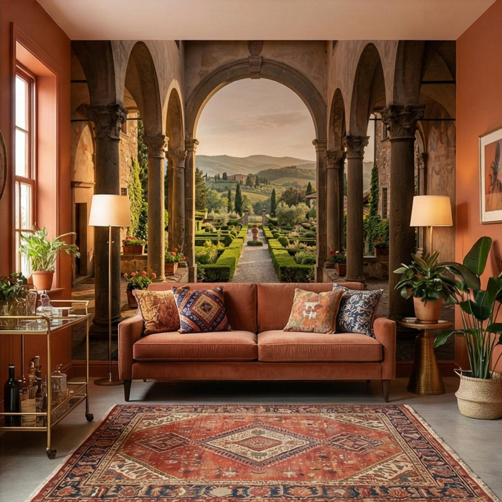 Tuscan Archway Garden View Panoramic Peel and Stick Wall Mural, Italian Villa Landscape Wallpaper