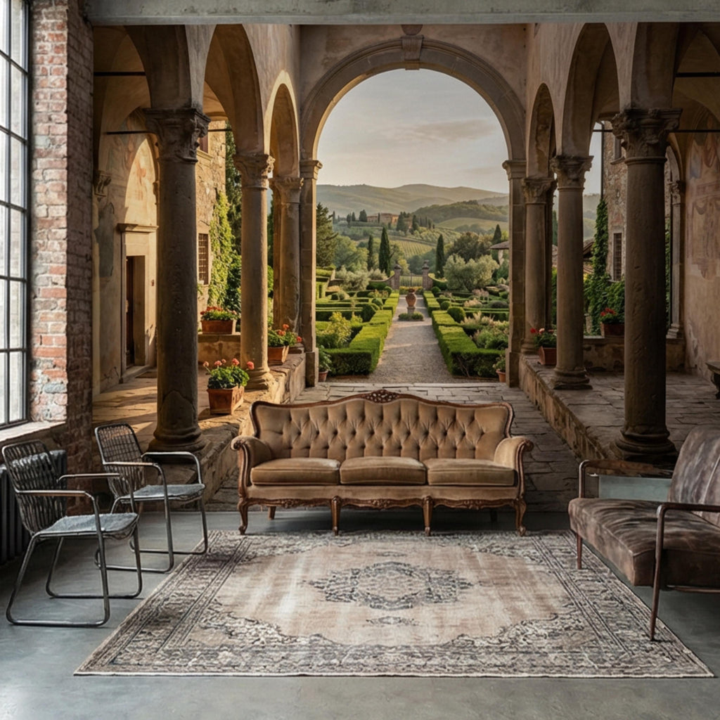Tuscan Archway Garden View Panoramic Peel and Stick Wall Mural, Italian Villa Landscape Wallpaper