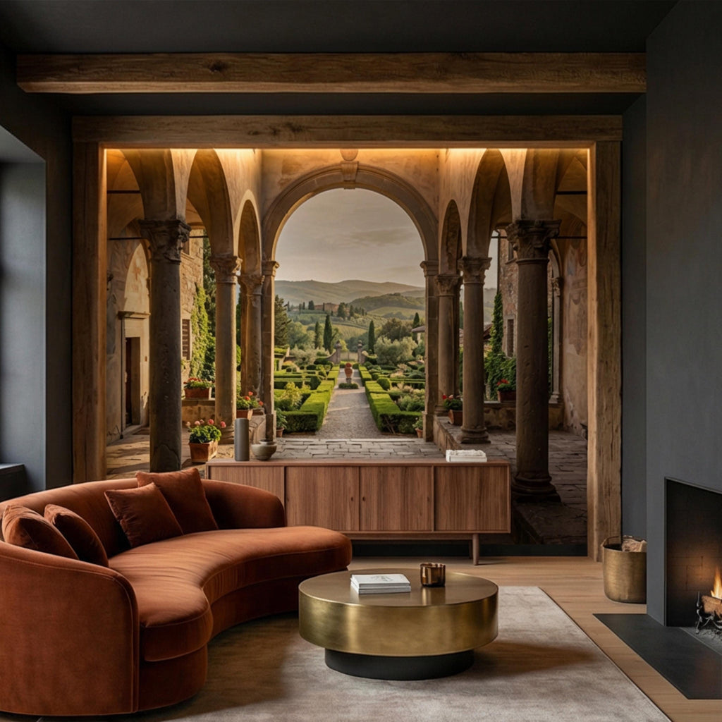 Tuscan Archway Garden View Panoramic Peel and Stick Wall Mural, Italian Villa Landscape Wallpaper