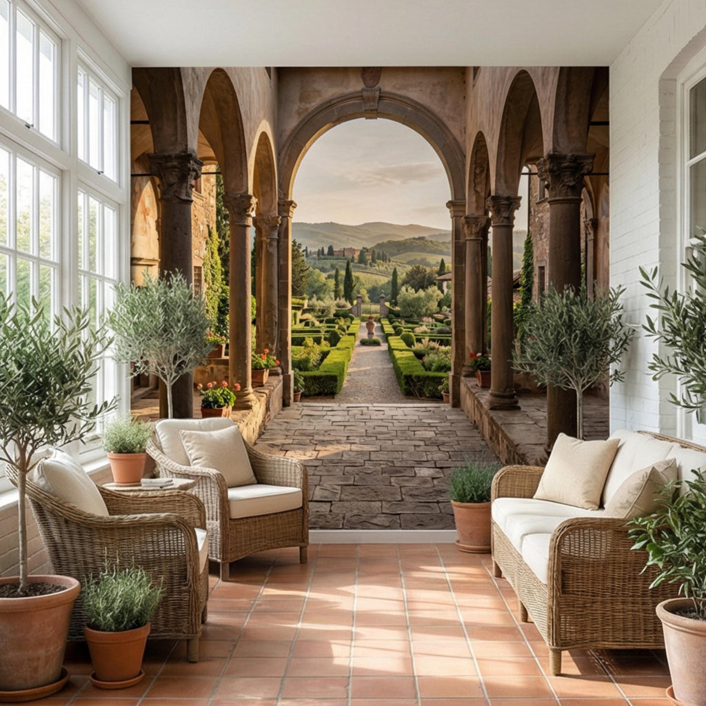 Tuscan Archway Garden View Panoramic Peel and Stick Wall Mural, Italian Villa Landscape Wallpaper