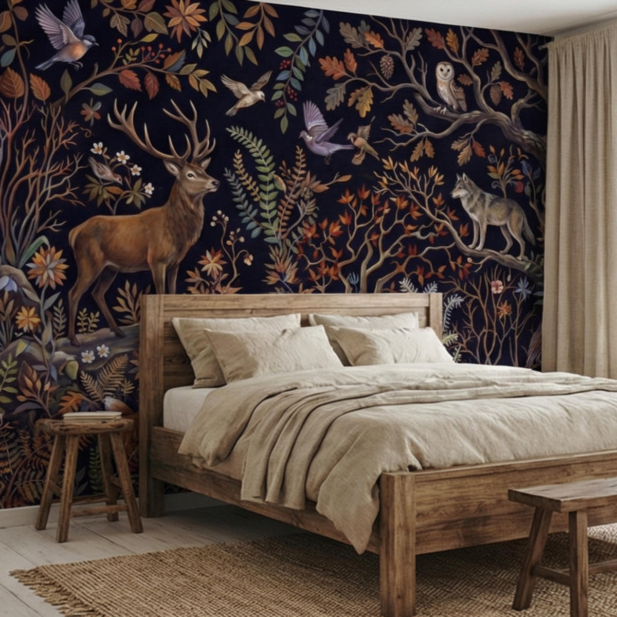 Forest wildlife wall mural featuring deer and a standing stag above a bed