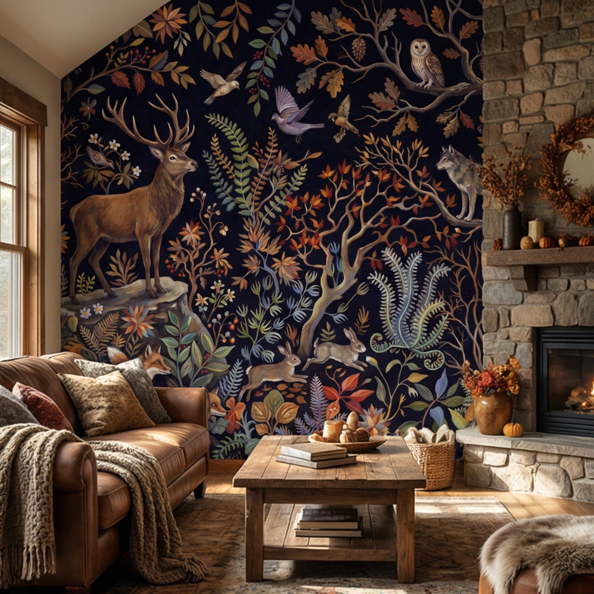 Forest wildlife wall mural showing deer, birds, and owls with colorful autumn leaves