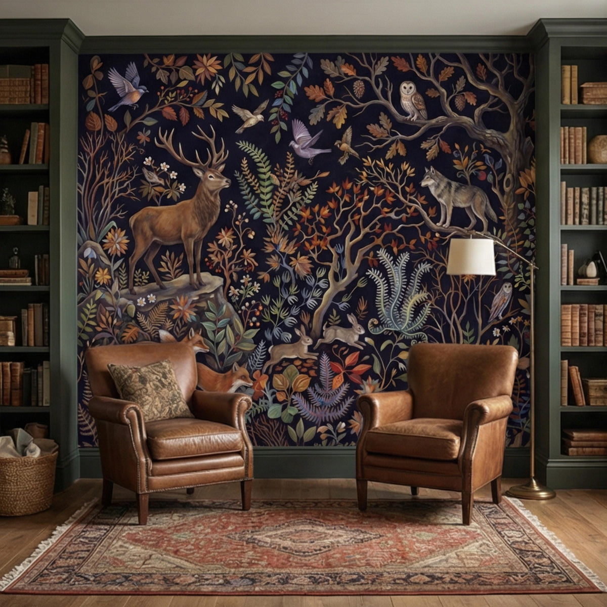 Woodland forest wall mural with deer, fox, owl, and birds among blue and orange trees