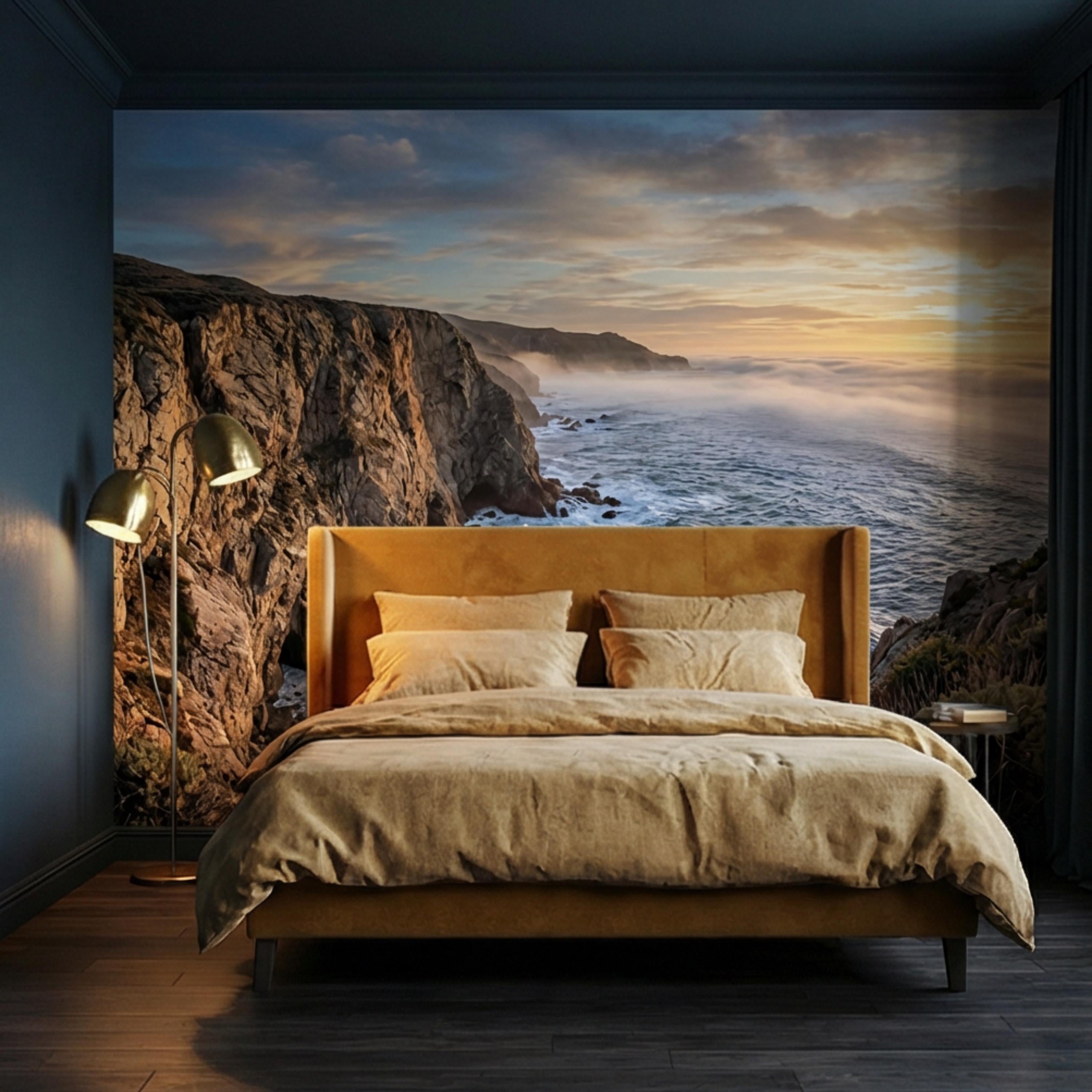 Coastal Cliff Ocean Sunrise Panoramic Peel and Stick Wall Mural, Dramatic Seascape Landscape Wallpaper
