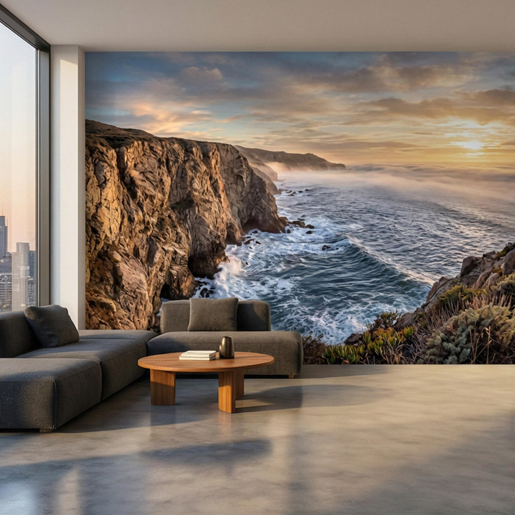 Coastal Cliff Ocean Sunrise Panoramic Peel and Stick Wall Mural, Dramatic Seascape Landscape Wallpaper