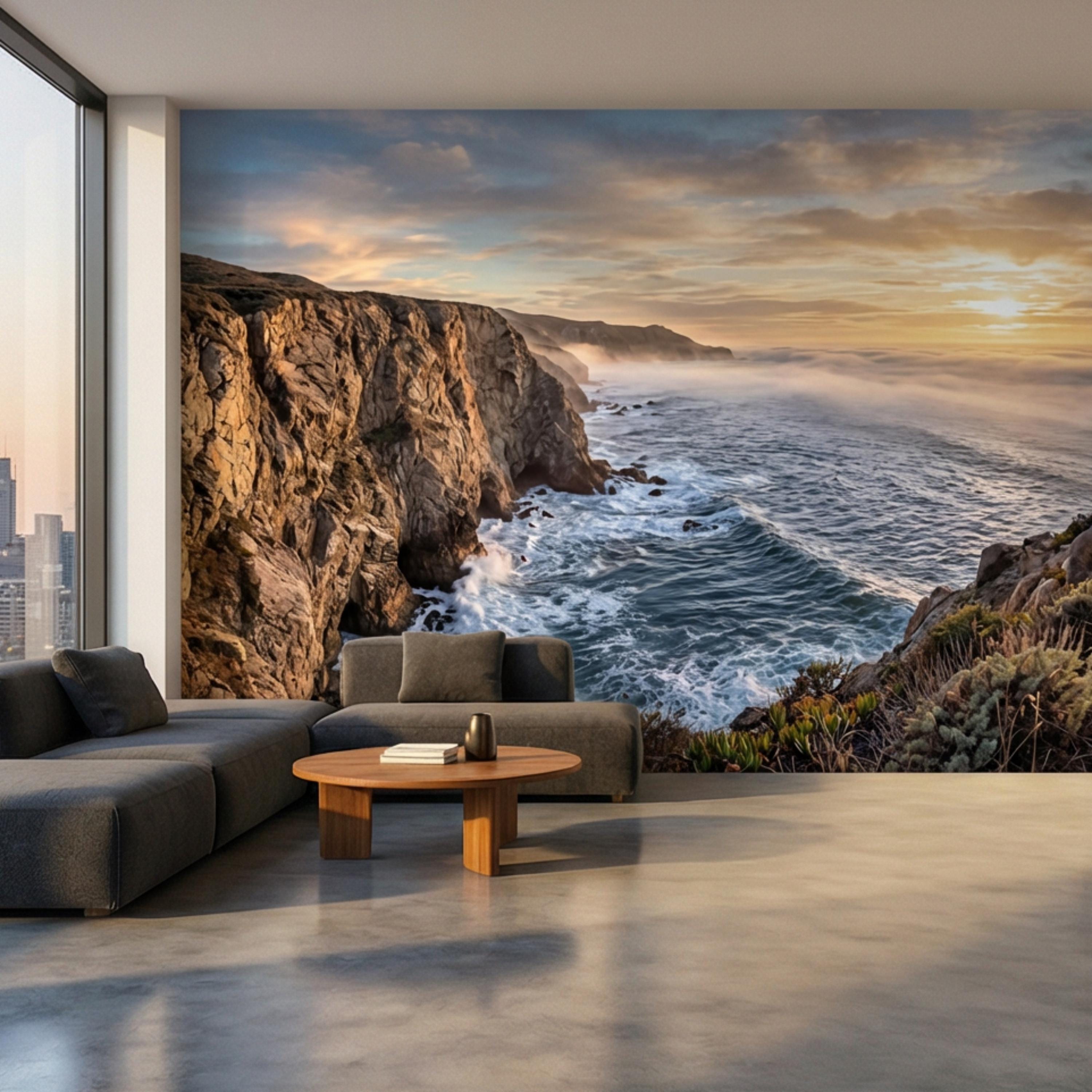 Coastal Cliff Ocean Sunrise Panoramic Peel and Stick Wall Mural, Dramatic Seascape Landscape Wallpaper