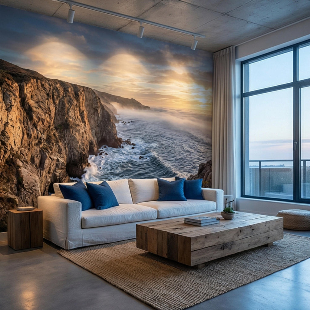 Coastal Cliff Ocean Sunrise Panoramic Peel and Stick Wall Mural, Dramatic Seascape Landscape Wallpaper
