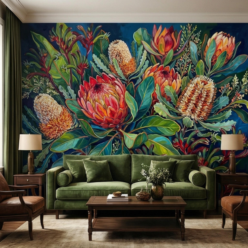 Botanical Protea Flowers Peel and Stick Wall Mural, Vibrant Tropical Floral Wallpaper, Bold Banksia Garden Statement Wall Decor