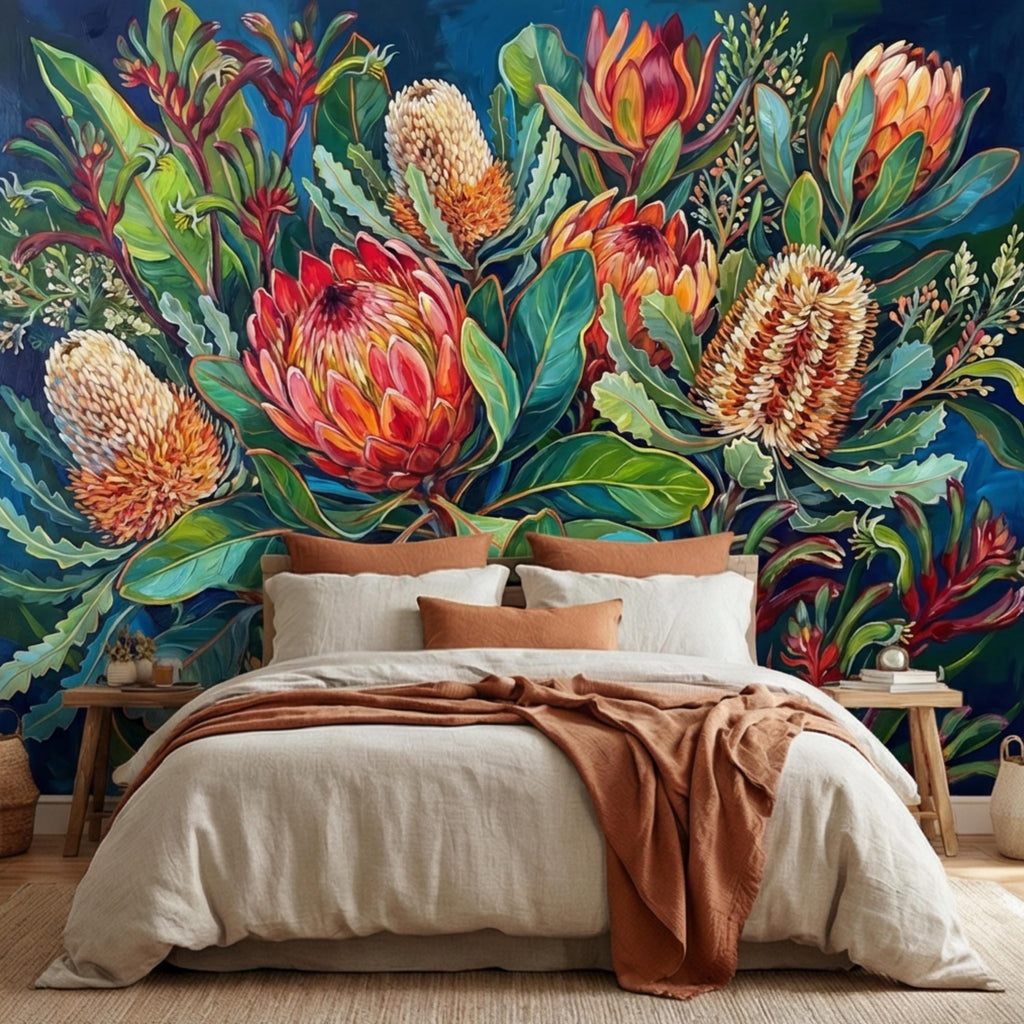 Botanical Protea Flowers Peel and Stick Wall Mural, Vibrant Tropical Floral Wallpaper, Bold Banksia Garden Statement Wall Decor