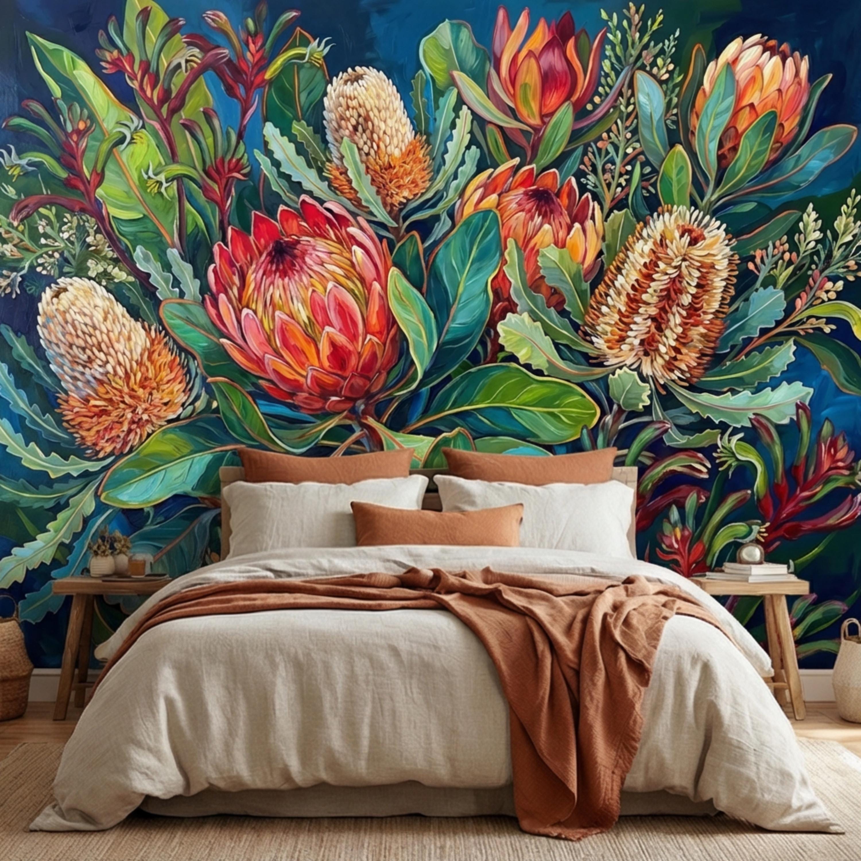 Botanical Protea Flowers Peel and Stick Wall Mural, Vibrant Tropical Floral Wallpaper, Bold Banksia Garden Statement Wall Decor