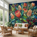 Botanical Protea Flowers Peel and Stick Wall Mural, Vibrant Tropical Floral Wallpaper, Bold Banksia Garden Statement Wall Decor