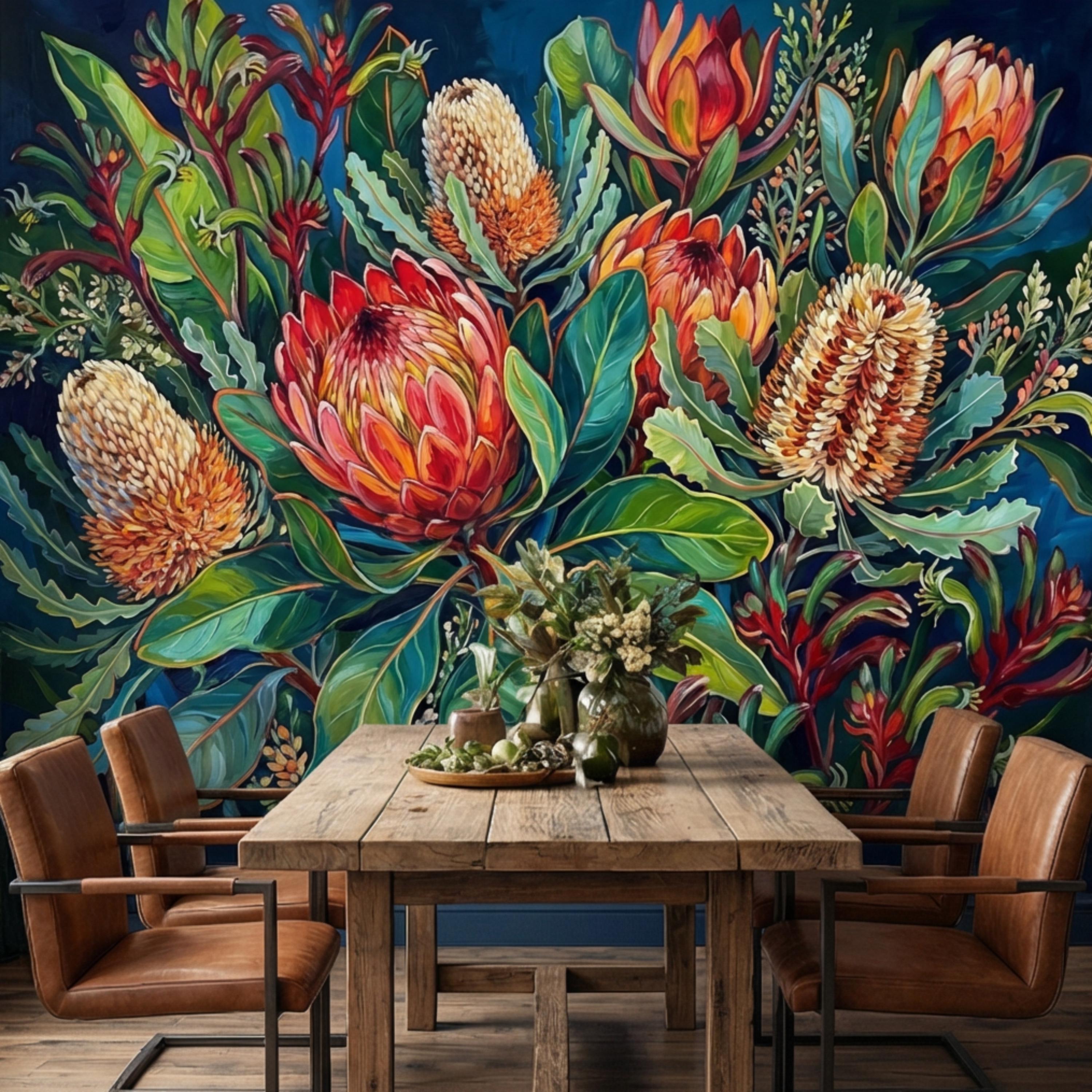 Botanical Protea Flowers Peel and Stick Wall Mural, Vibrant Tropical Floral Wallpaper, Bold Banksia Garden Statement Wall Decor