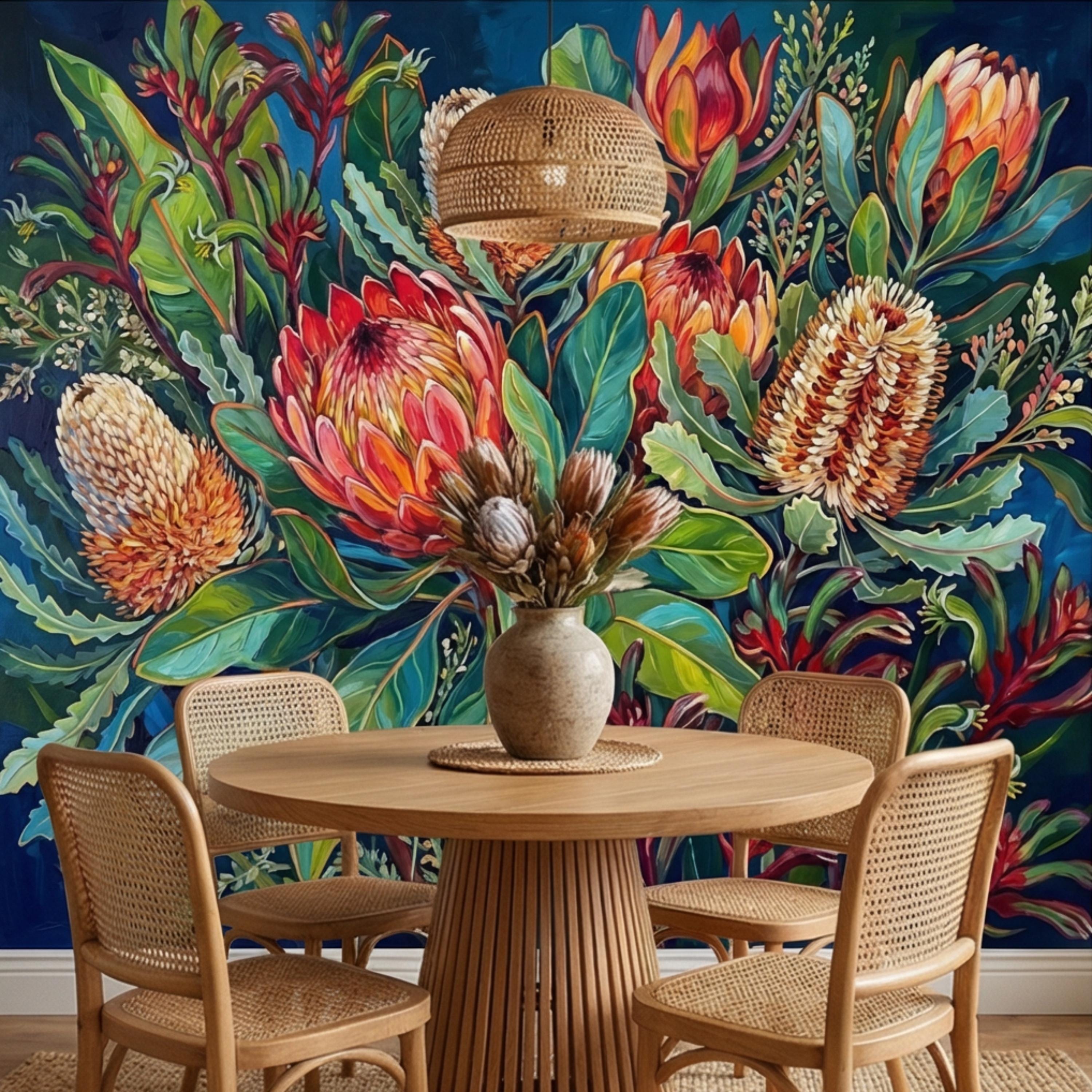 Botanical Protea Flowers Peel and Stick Wall Mural, Vibrant Tropical Floral Wallpaper, Bold Banksia Garden Statement Wall Decor