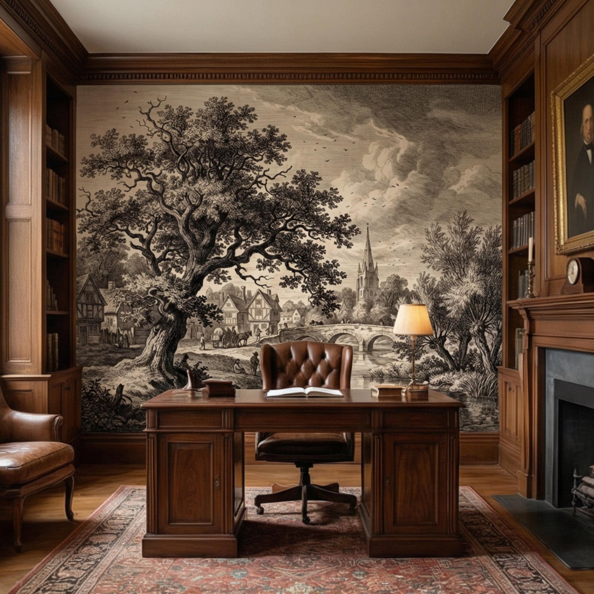 Antique-style countryside wall mural with large tree canopy and distant church steeple