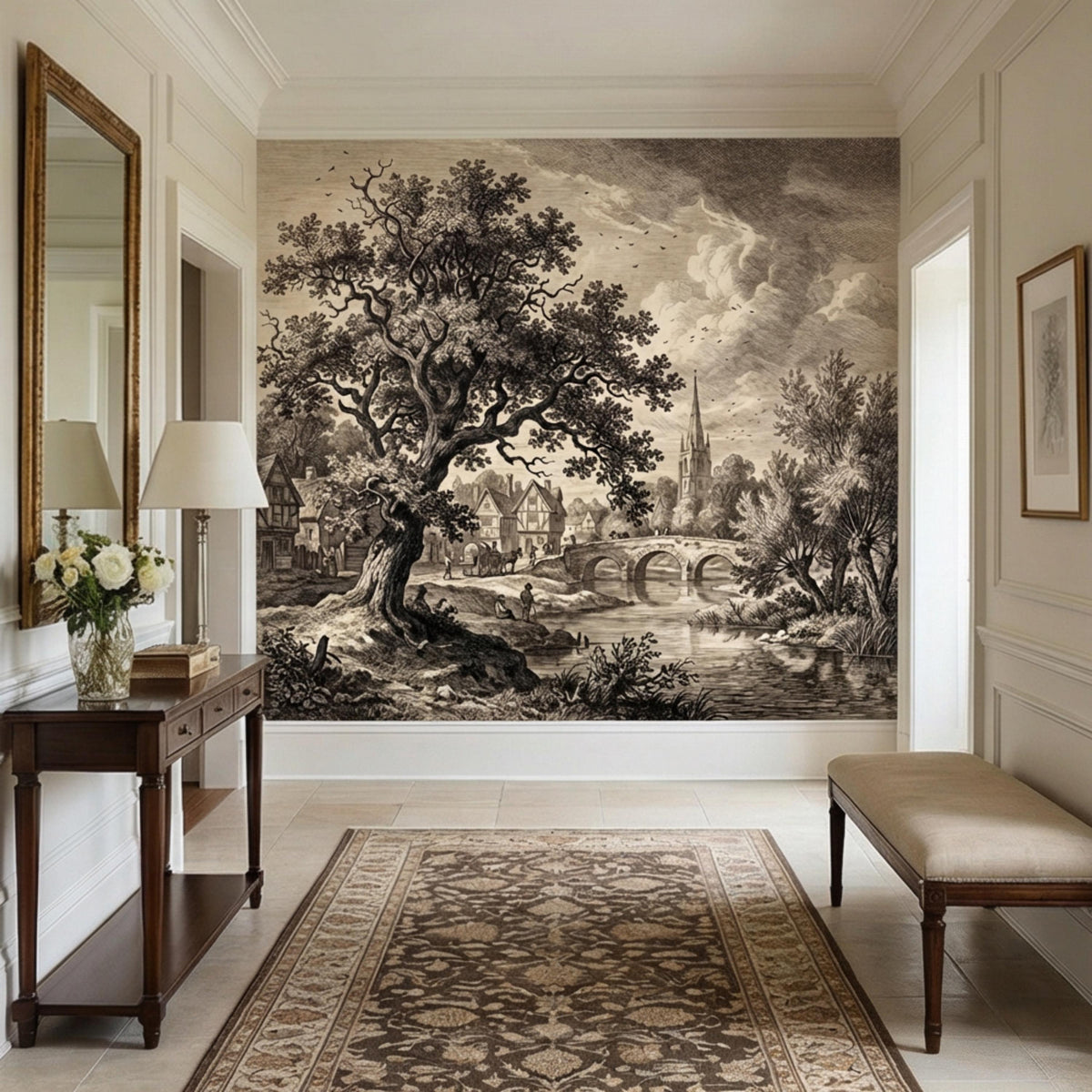 Antique-style river landscape wall mural with bridge arches and village buildings