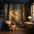 Redwood Forest Sun Rays Peel and Stick Wall Mural, Misty Woodland Nature Wallpaper