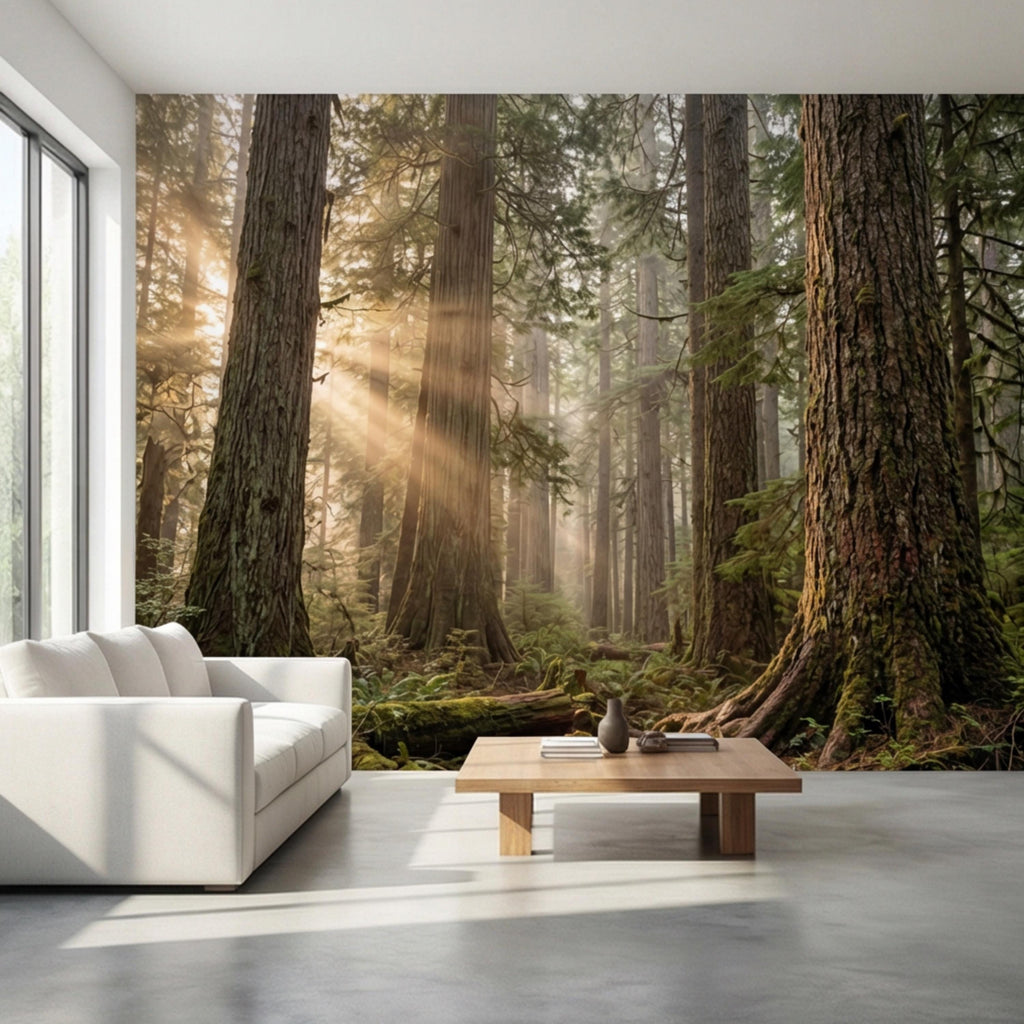 Redwood Forest Sun Rays Peel and Stick Wall Mural, Misty Woodland Nature Wallpaper