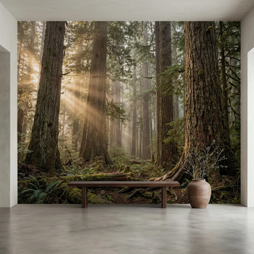 Redwood Forest Sun Rays Peel and Stick Wall Mural, Misty Woodland Nature Wallpaper