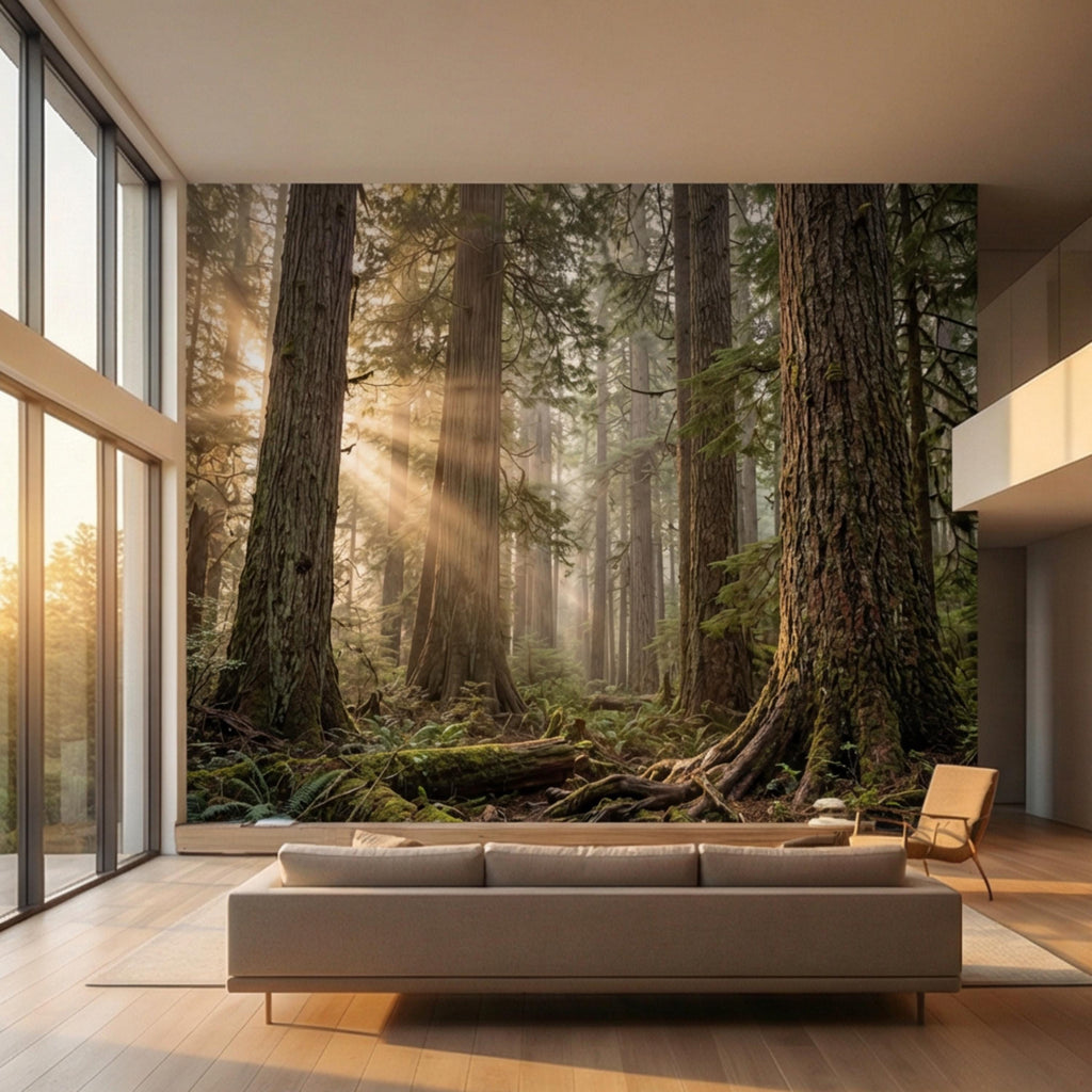 Redwood Forest Sun Rays Peel and Stick Wall Mural, Misty Woodland Nature Wallpaper