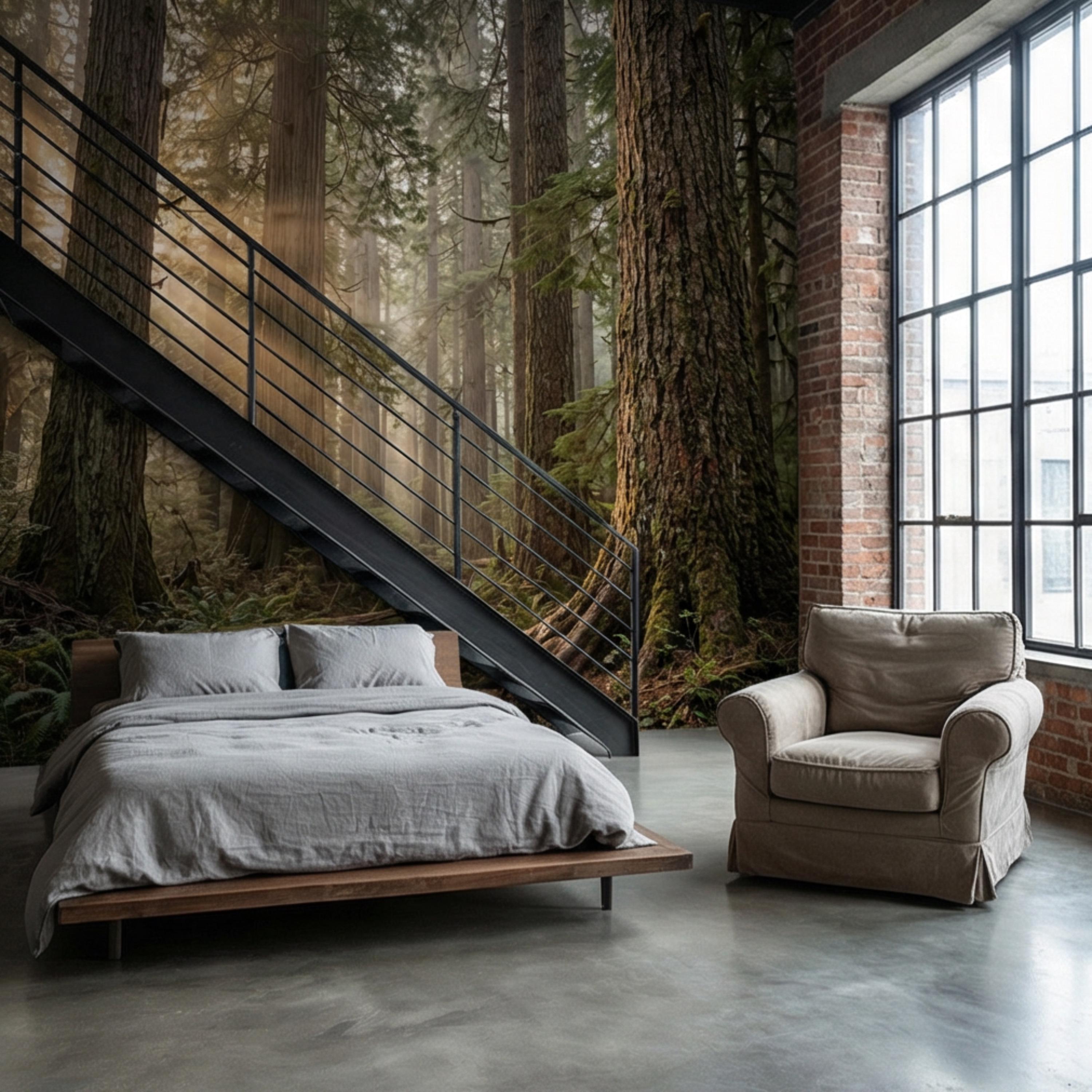 Redwood Forest Sun Rays Peel and Stick Wall Mural, Misty Woodland Nature Wallpaper