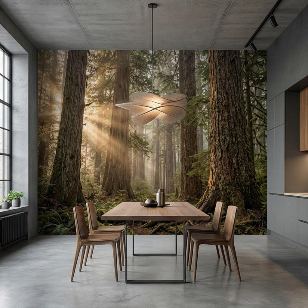 Redwood Forest Sun Rays Peel and Stick Wall Mural, Misty Woodland Nature Wallpaper