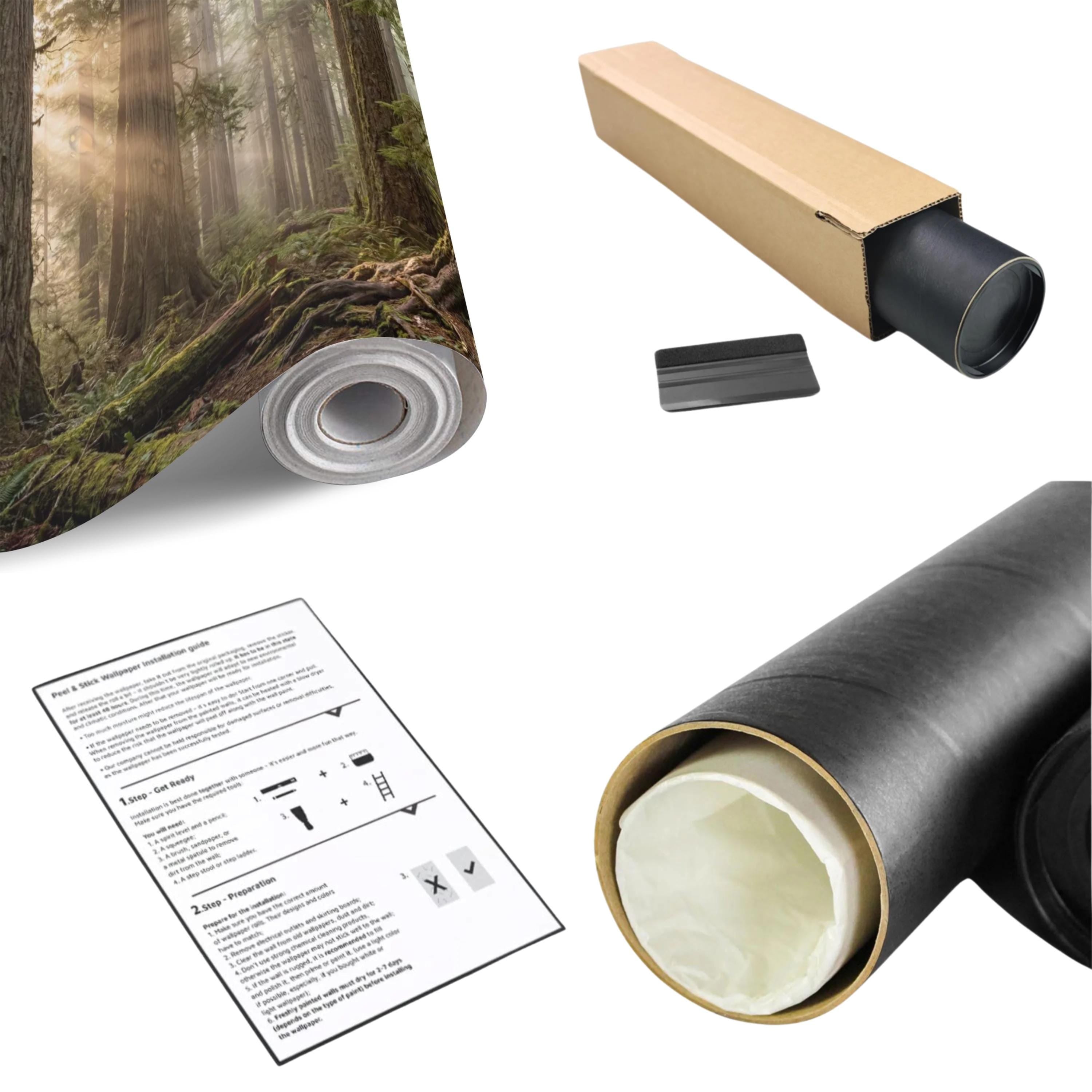 Redwood Forest Sun Rays Peel and Stick Wall Mural, Misty Woodland Nature Wallpaper