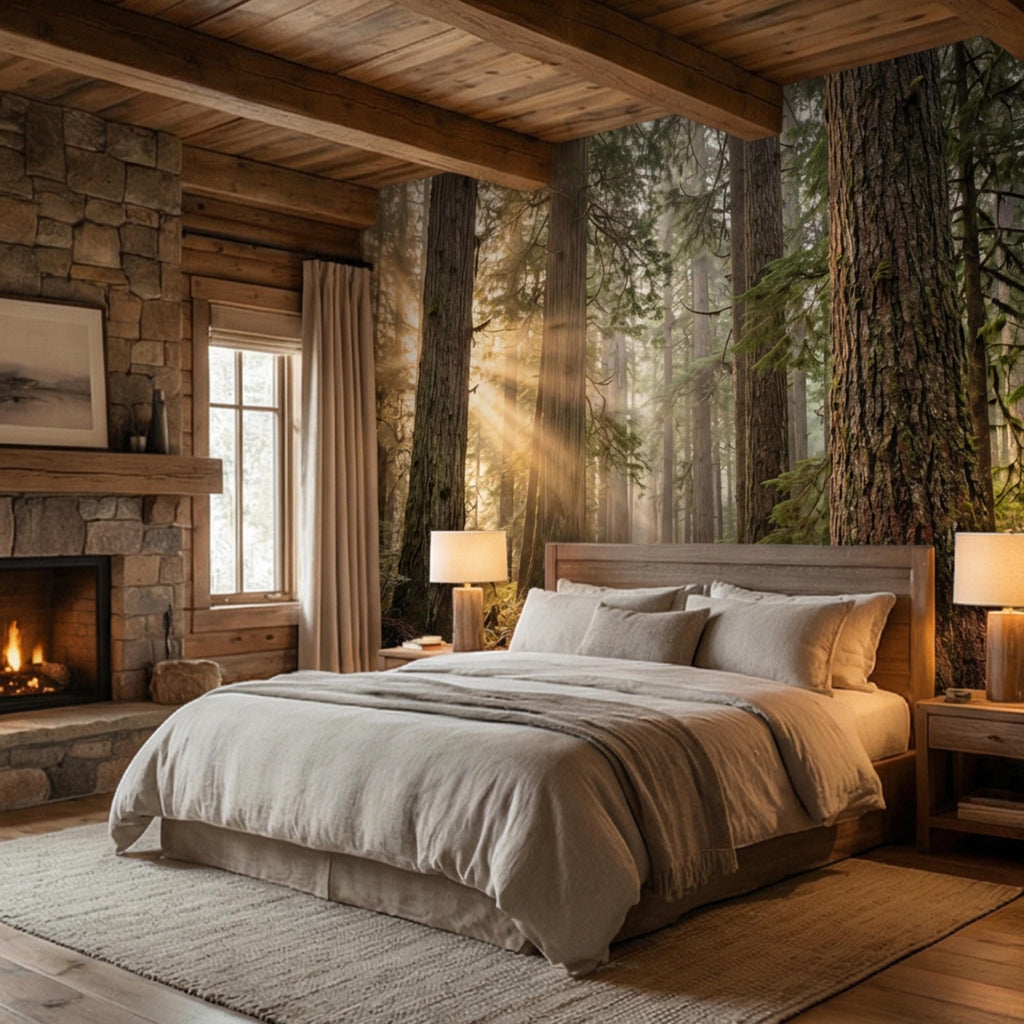 Redwood Forest Sun Rays Peel and Stick Wall Mural, Misty Woodland Nature Wallpaper