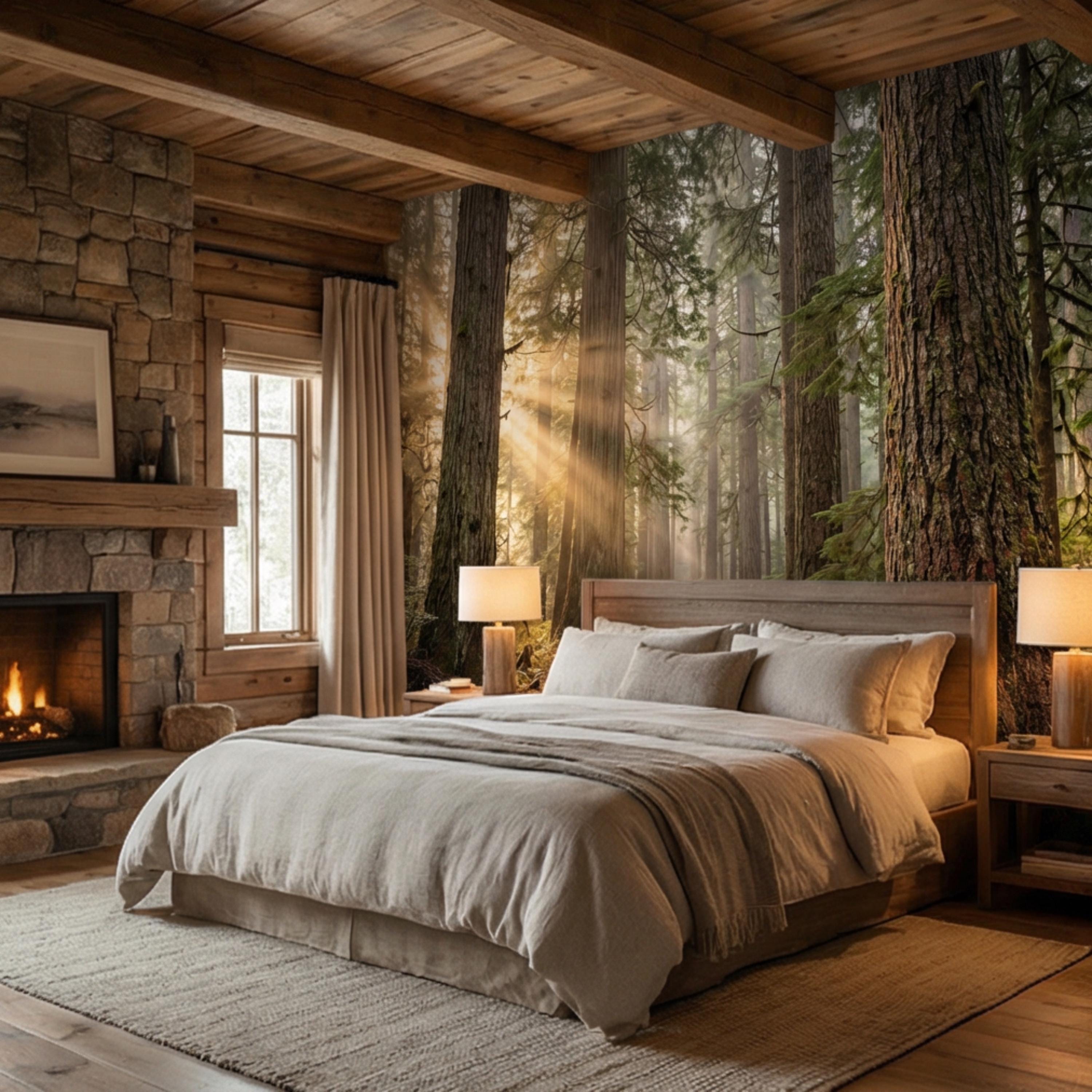 Redwood Forest Sun Rays Peel and Stick Wall Mural, Misty Woodland Nature Wallpaper