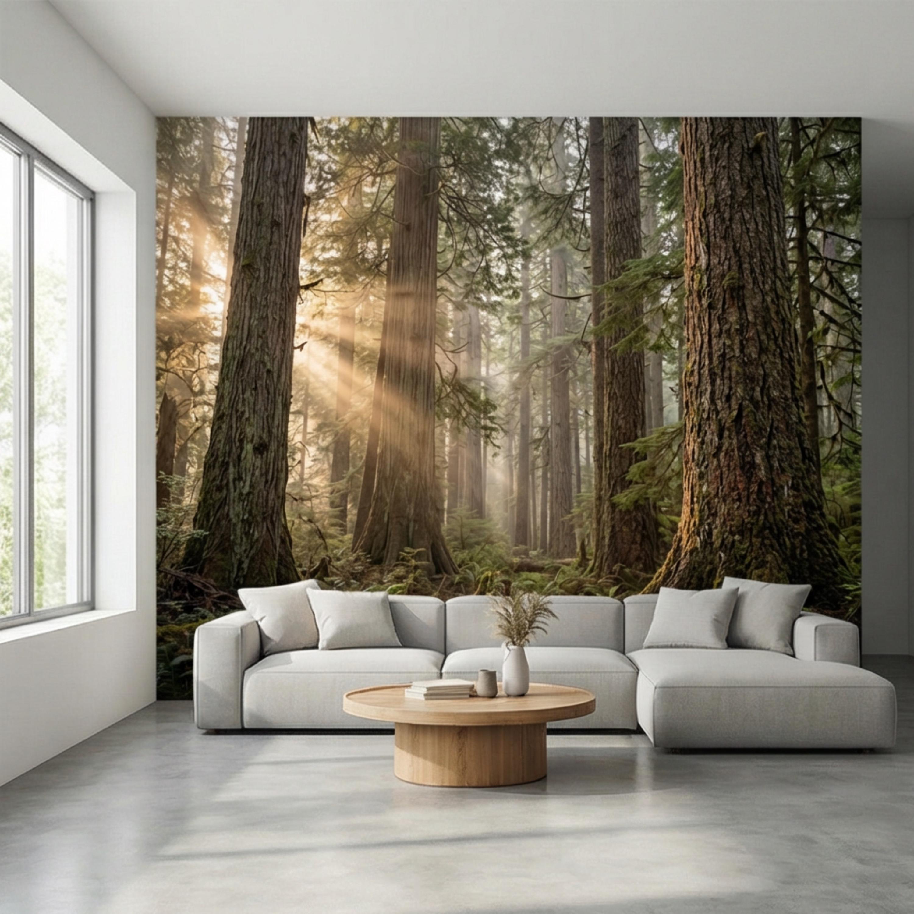 Redwood Forest Sun Rays Peel and Stick Wall Mural, Misty Woodland Nature Wallpaper