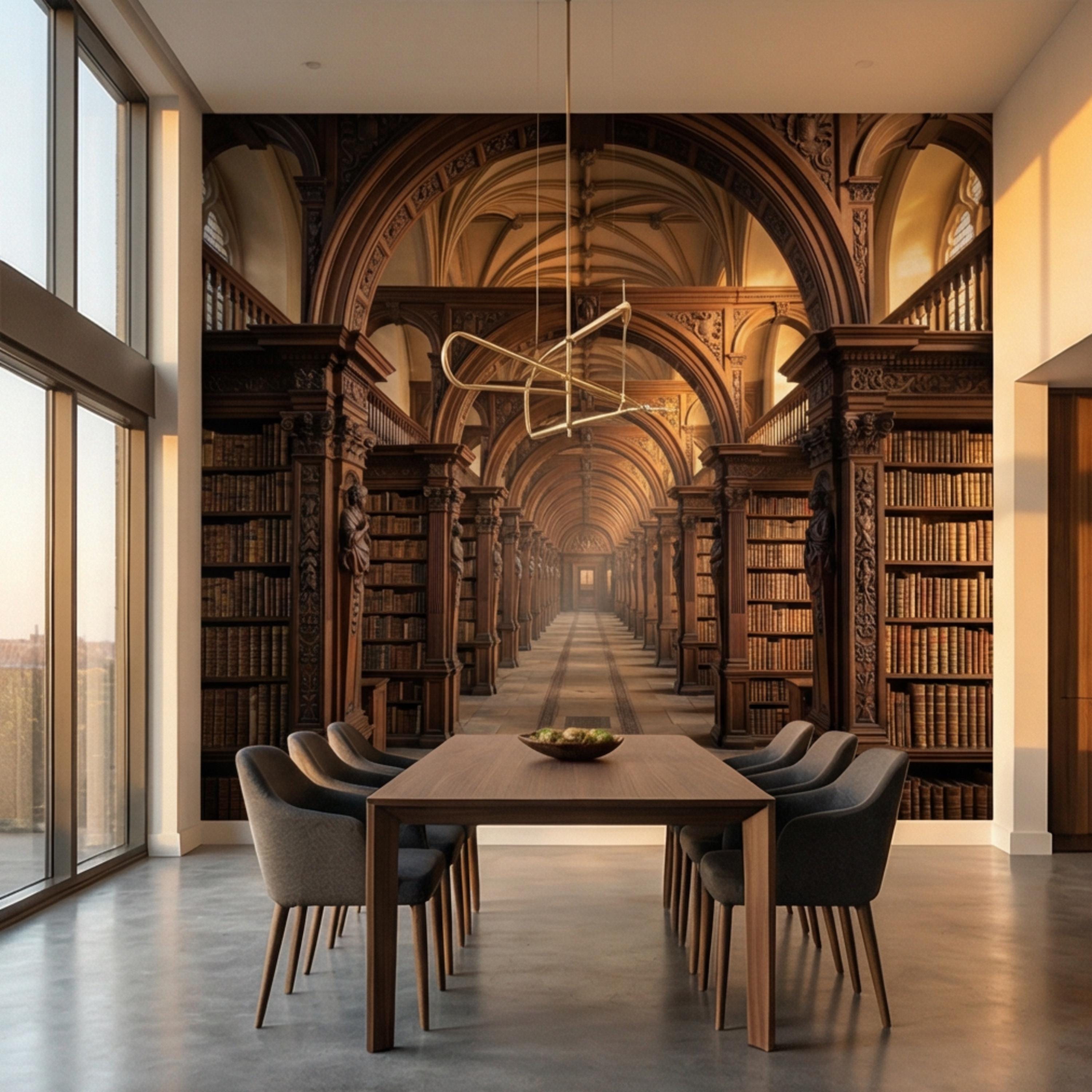 Grand Old World Library Peel and Stick Wall Mural, European Dark Academia Library Wallpaper