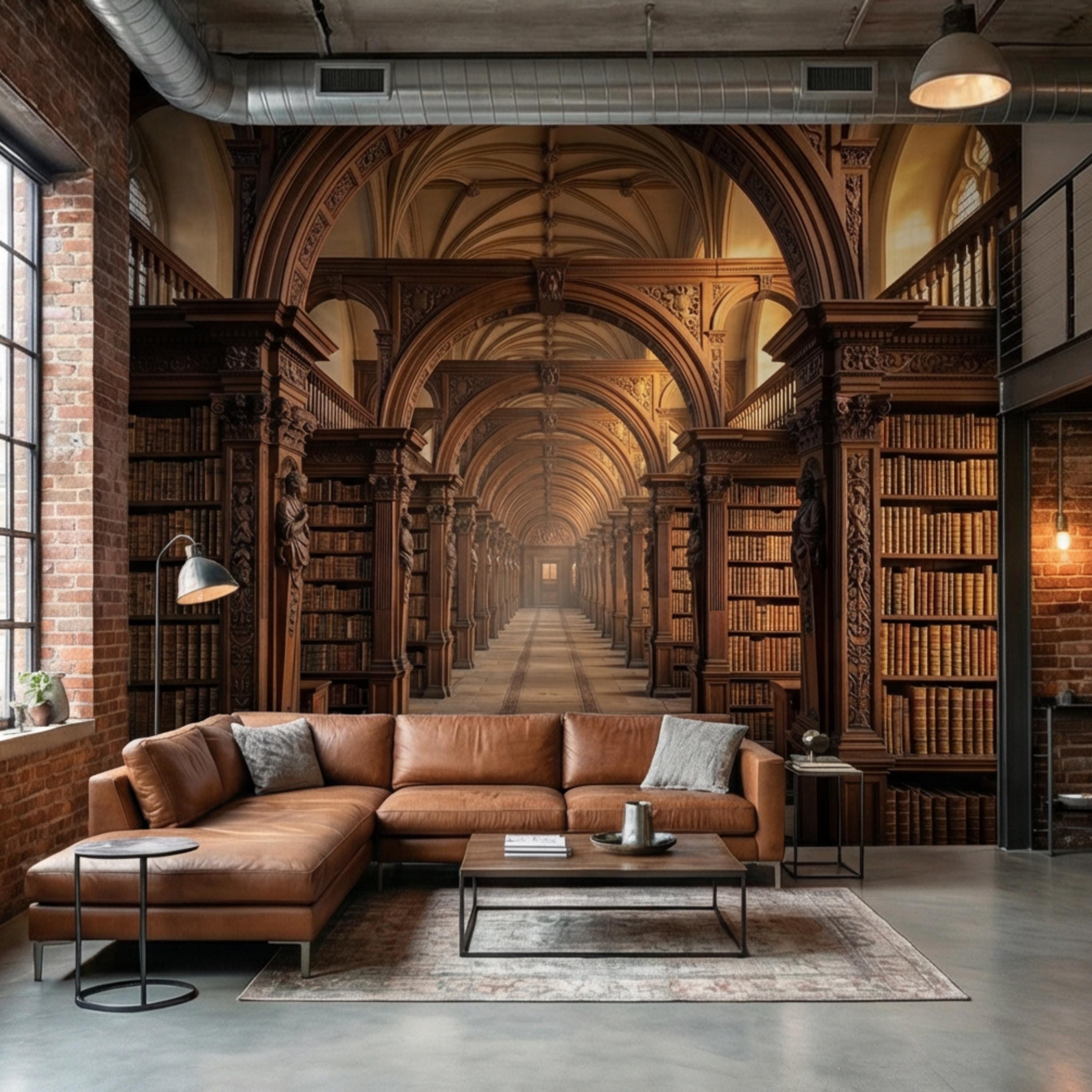 Grand Old World Library Peel and Stick Wall Mural, European Dark Academia Library Wallpaper