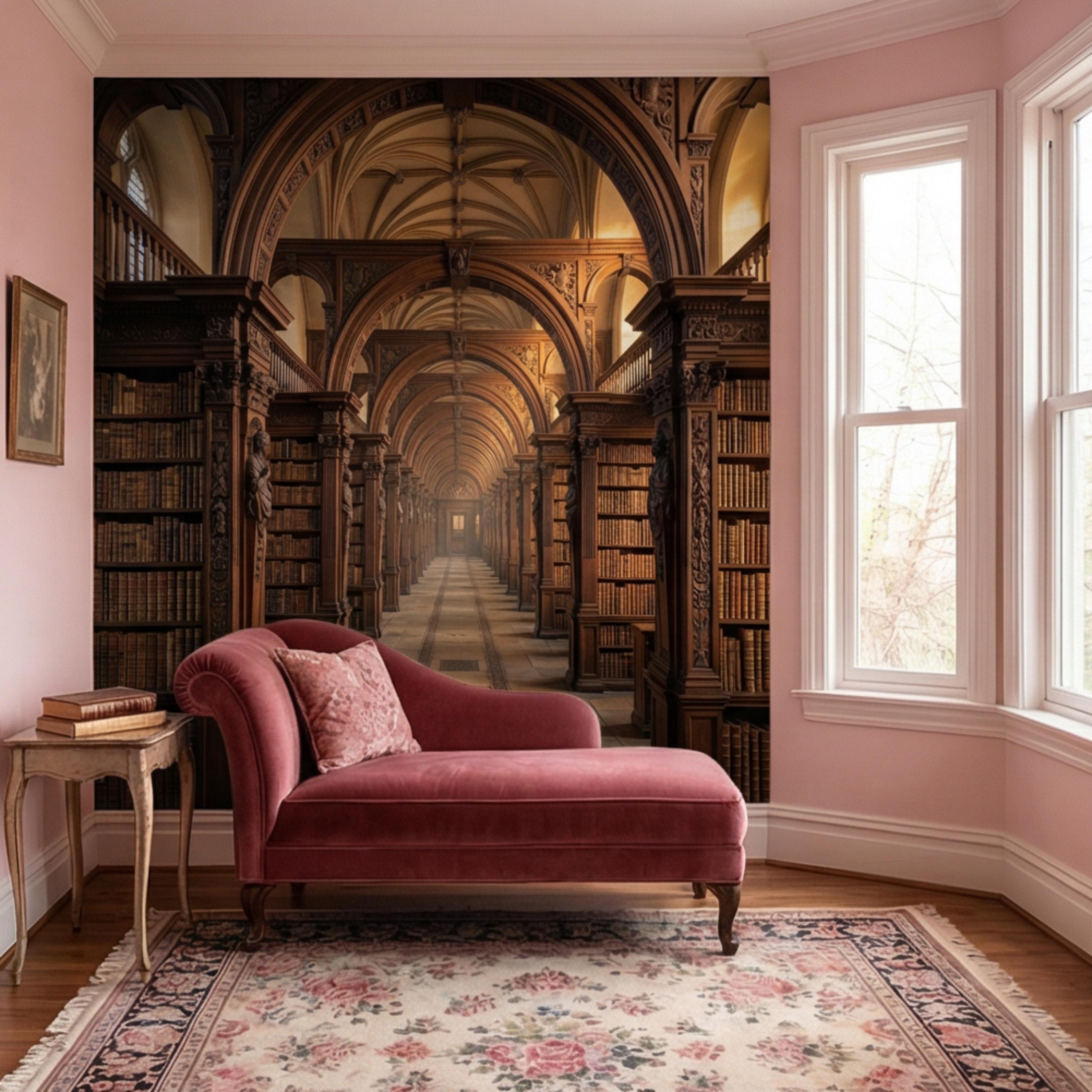 Grand Old World Library Peel and Stick Wall Mural, European Dark Academia Library Wallpaper